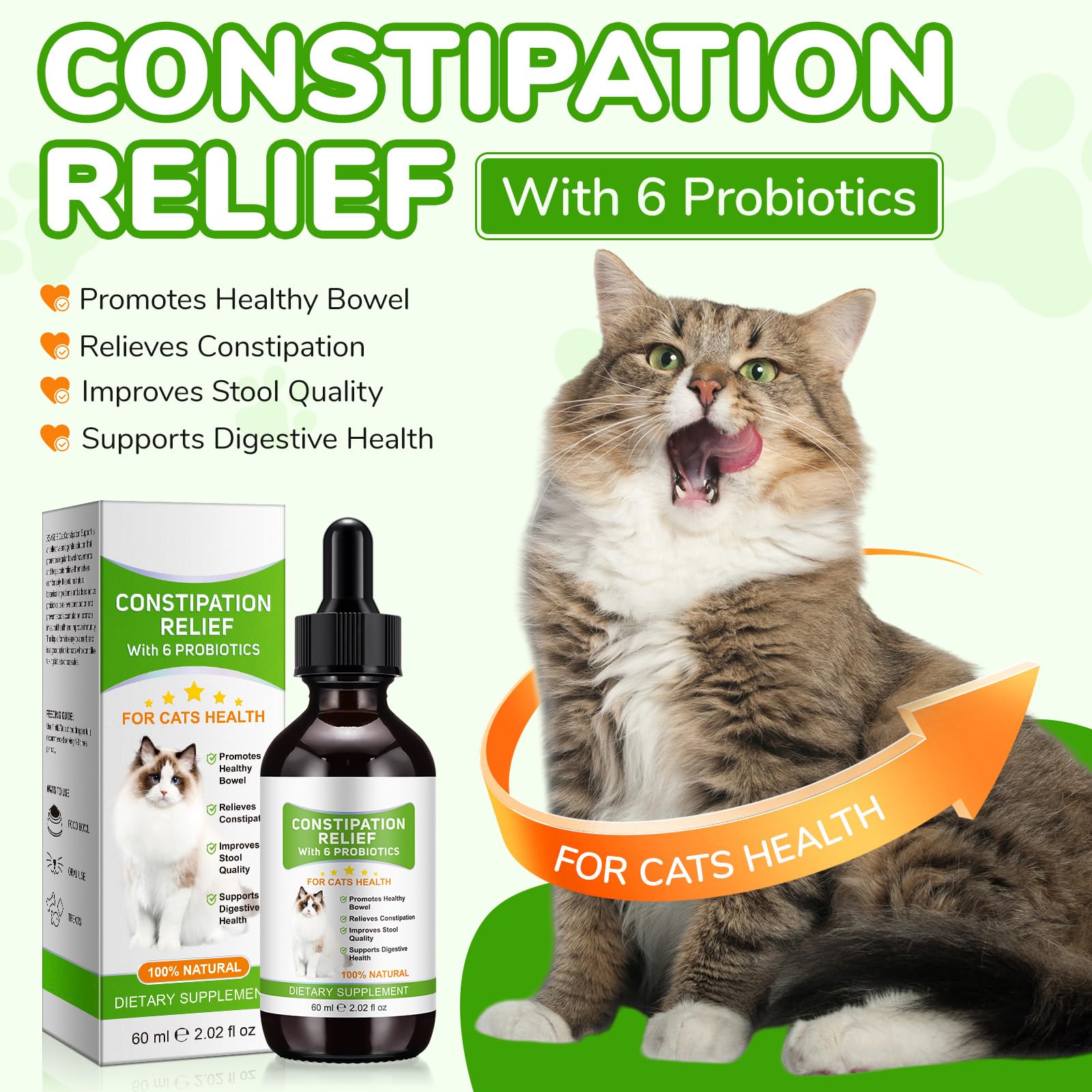 Alivio del Estreñimiento para Gatos, 60ml Tratamiento del estreñimiento para Gatos, laxante para Gatos con 6 Suplementos probióticos, promueve la Salud intestinal del