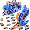 Dinosaur Toys for 3 4 5 6 Years Old Boys, Carrier Transporter Truck Toys, Foldable Race Track with 10 Die-Cast Cars, Transforms into Dino, Toddler Car Christmas Birthday Gifts for Kids Age 3-6 (Blue)