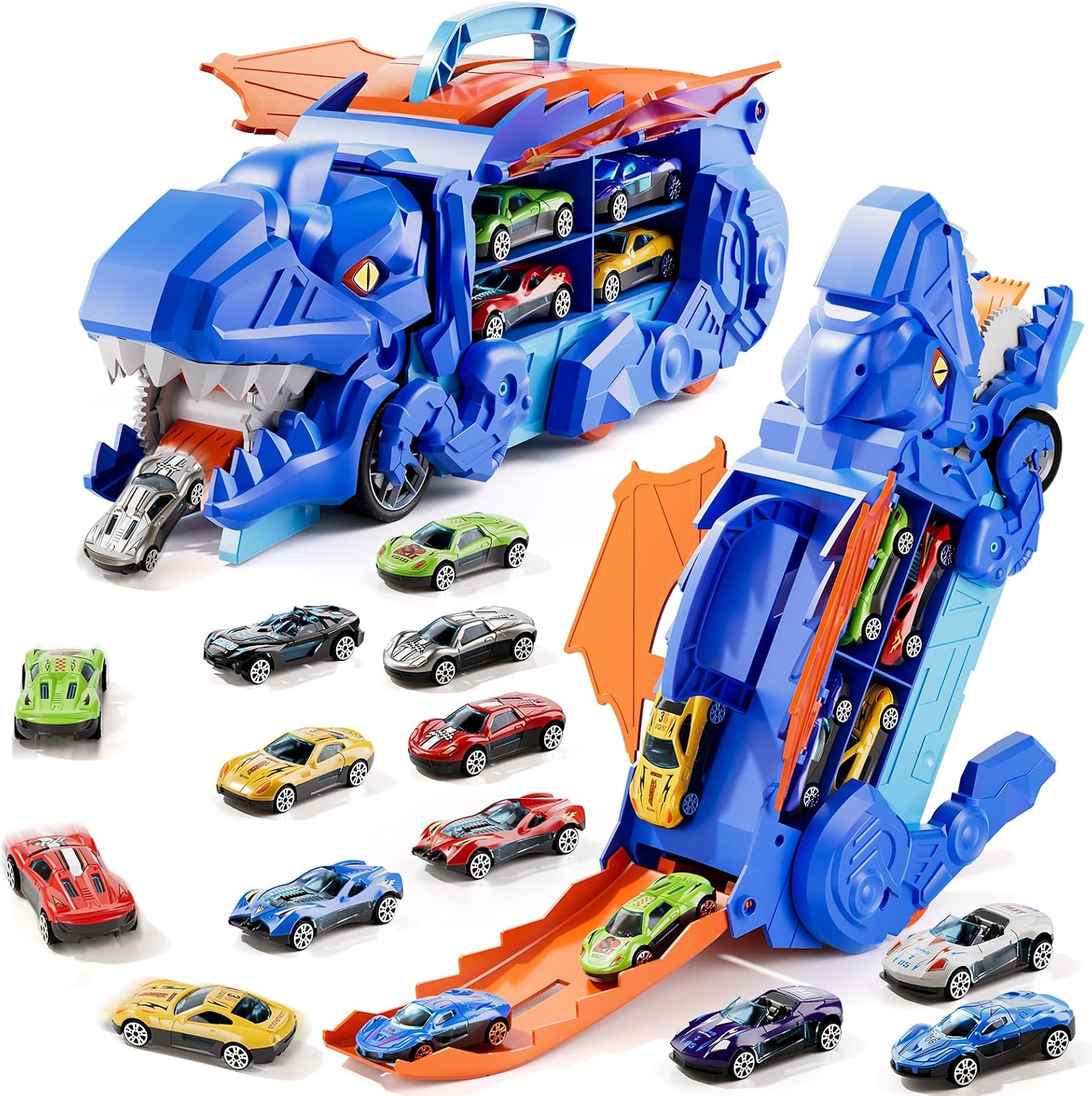 Dinosaur Toys for 3 4 5 6 Years Old Boys, Carrier Transporter Truck Toys, Foldable Race Track with 10 Die-Cast Cars, Transforms into Dino, Toddler Car Christmas Birthday Gifts for Kids Age 3-6 Blue