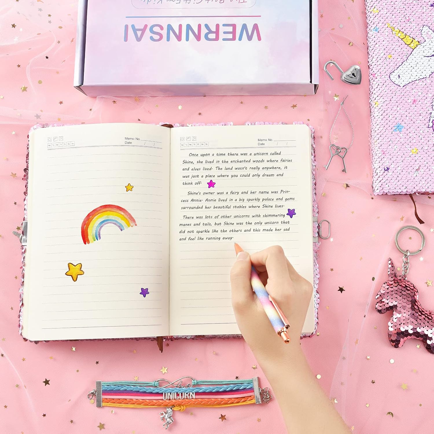 WERNNSAI Magic Unicorn Notebook Set - Sequins Journals Unique Gift for Girls Travel School Office Notepad Memos A5 Diary Notebooks Unicorn Gel Pen Bracelet Key-Chain with Locks and Keys : Toys & Games