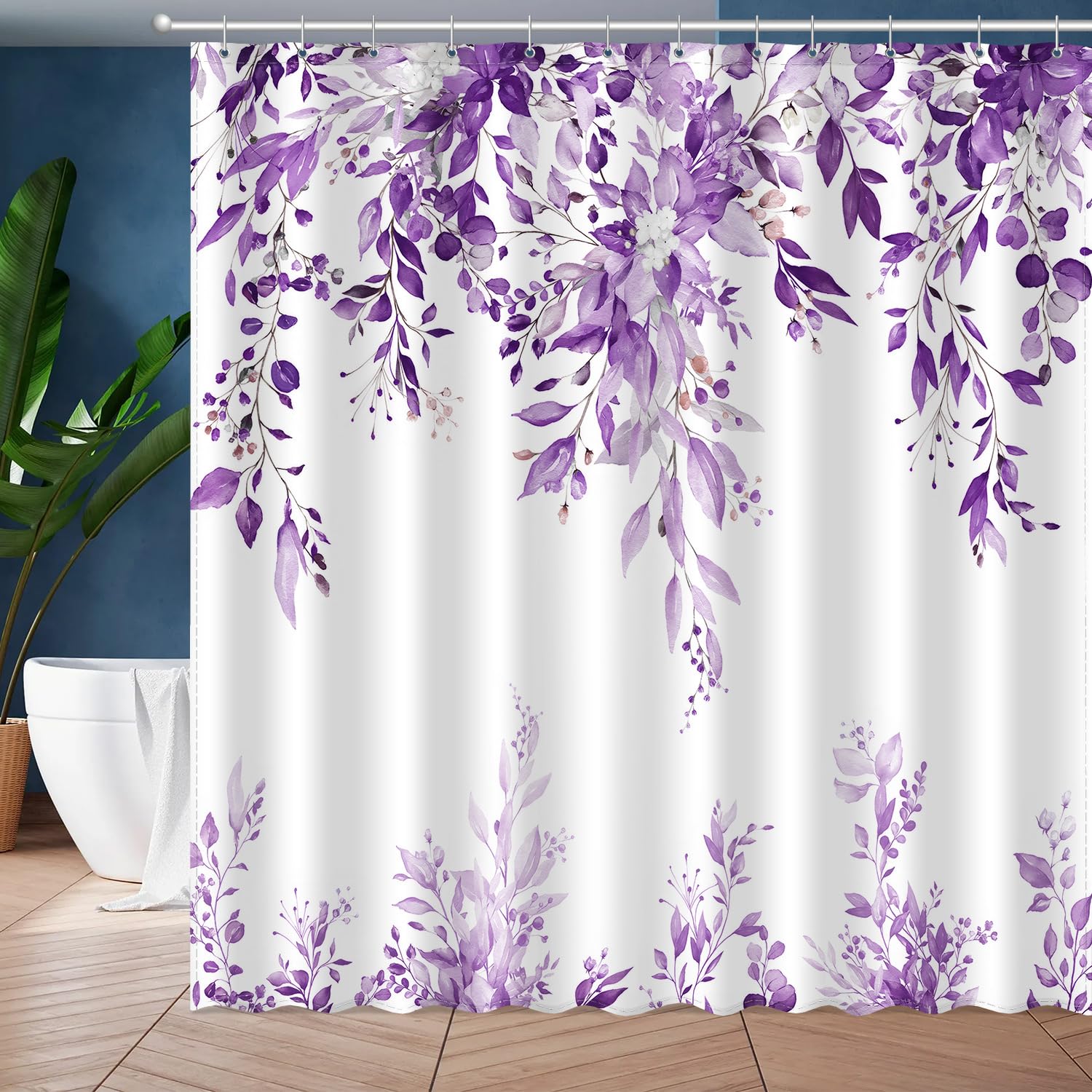 JWXCBIM Purple Eucalyptus Leaves Shower Curtain, Aesthetic Art Watercolor Plant Floral Leaf Bathroom Decor, Waterproof Fabric Bath Curtain Set with