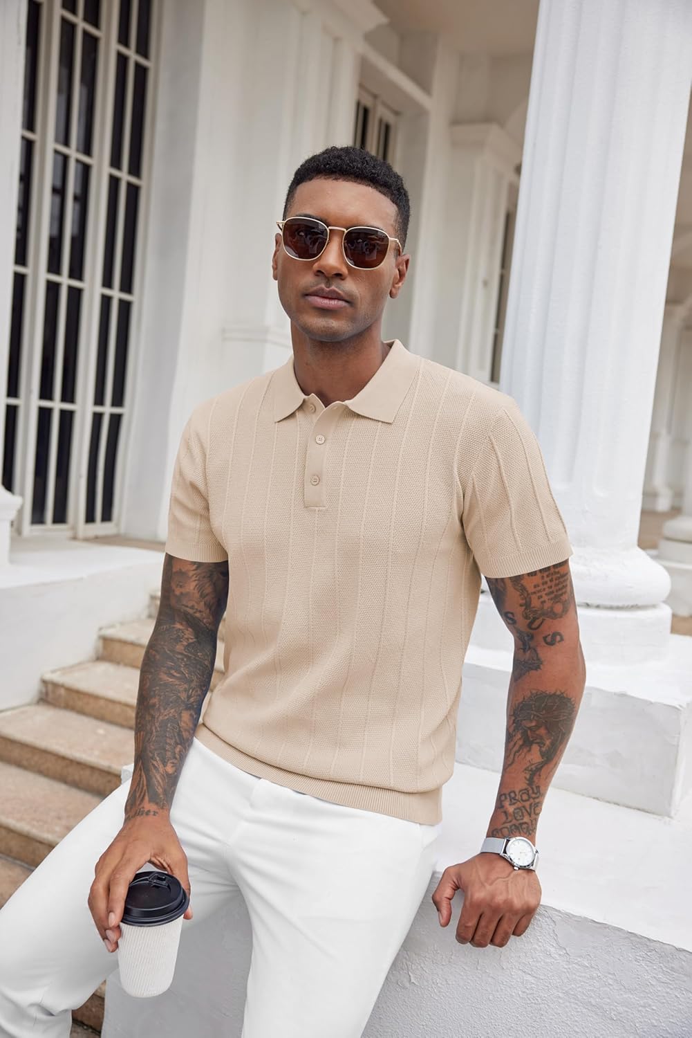 COOFANDY Mens Knit Polo Shirts Short Sleeve Ribbed Textured Polo Shirt Lightweight Casual Golf Shirts Collared T Shirt - Image 2