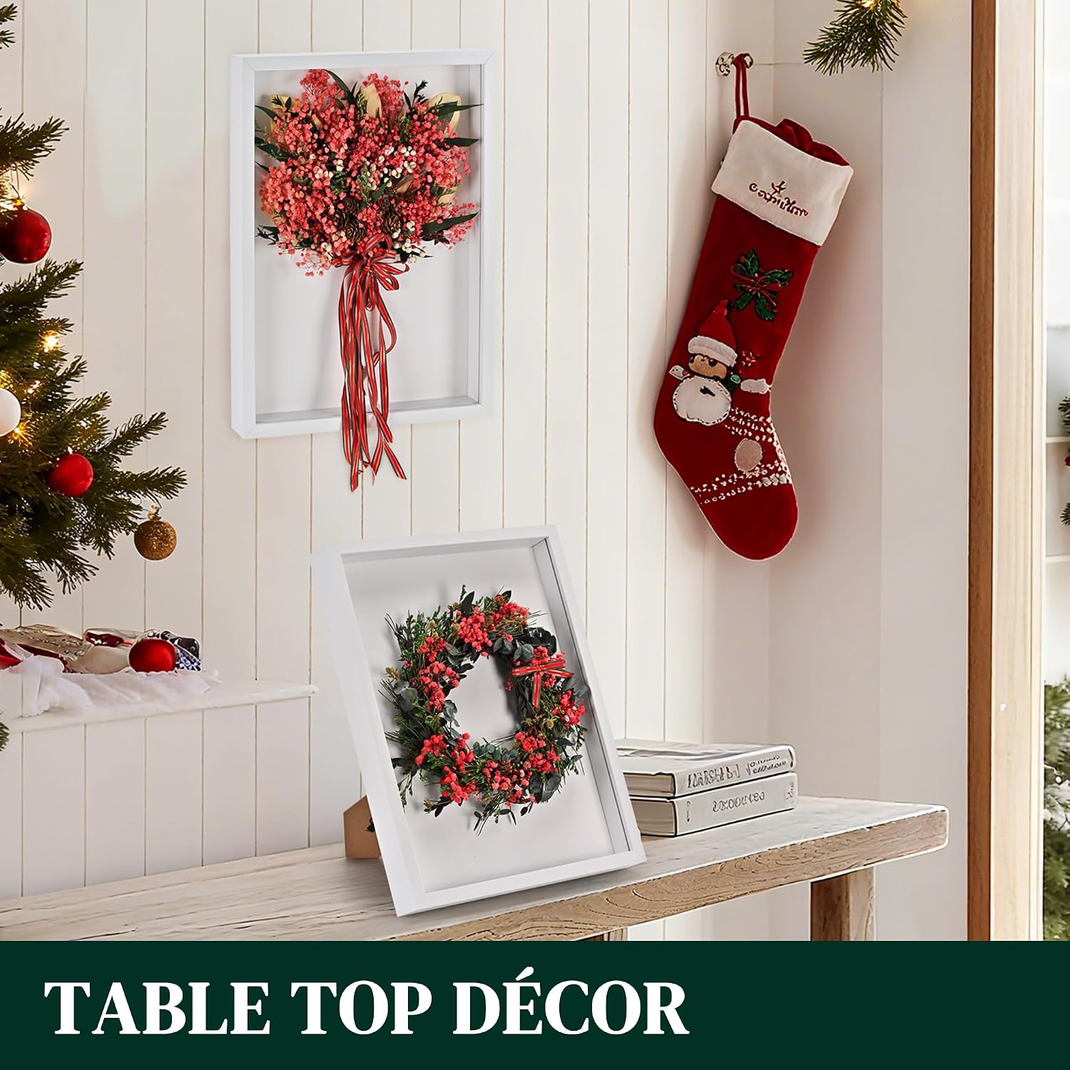 Small Christmas Wreath for Tabletop Centerpiece Decorations, Dried Flowers in 16" Frame for Christmas Table Decor