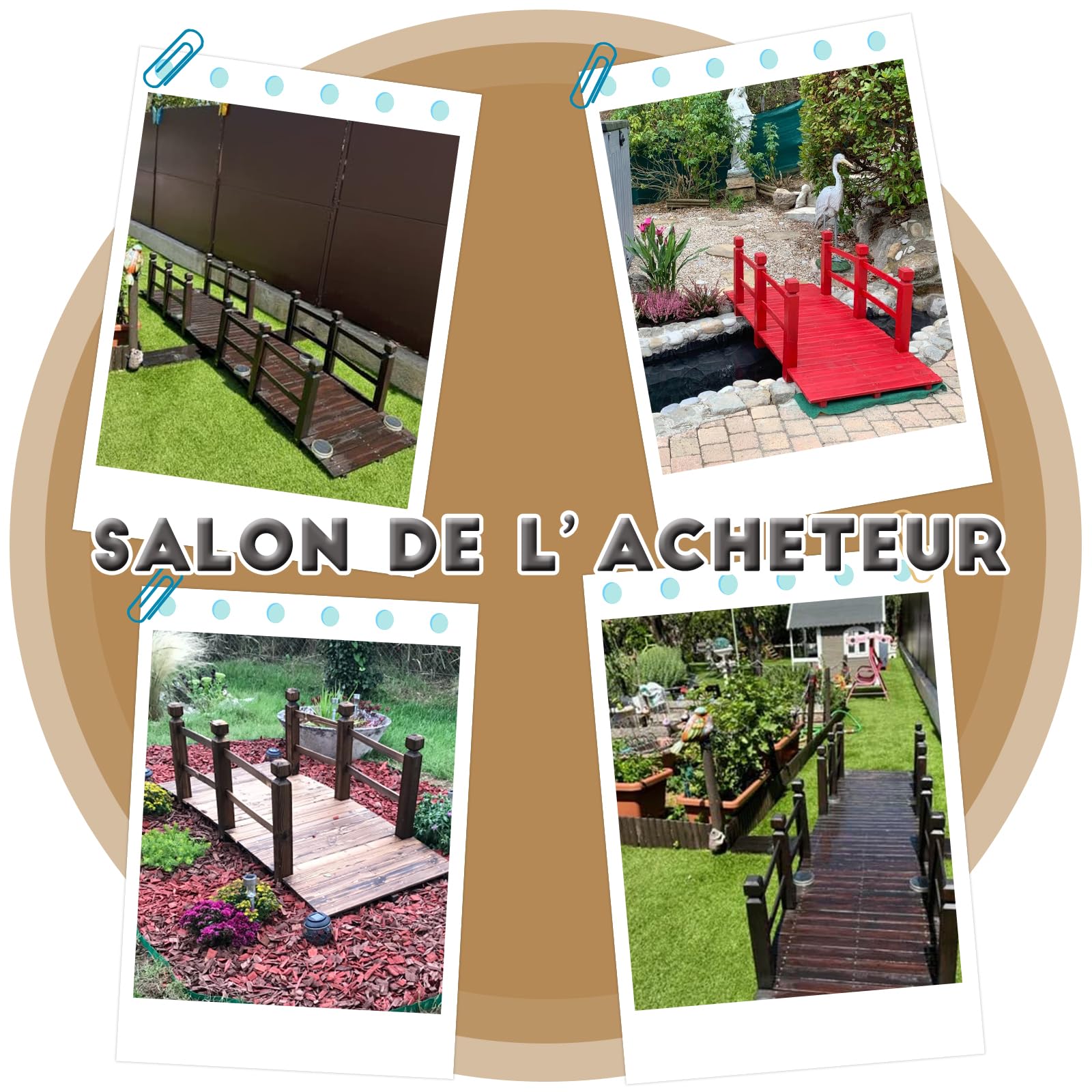 DREAMADE Pont de Jardin en Sapin Charge Maximale 150KG Tablier en Coubure avec Rampes de Deux Côtés 150 x 67 x 55CM Décoration du Jardin Pont de Bassin en Plein Air (Brun)