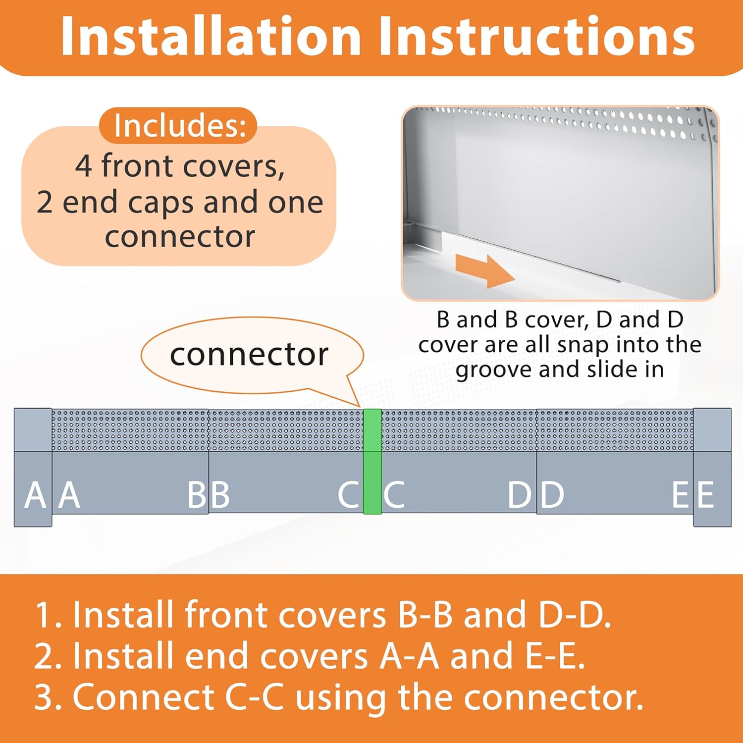 Saillong 4 ft 3ft Baseboard Heater Cover, Retractable Aluminum Alloy Slip On Baseboard Front Covers, Left and Right Endcaps, Rust Resistant for Bathroom & Hydronic System, Replacing Old Cover, White