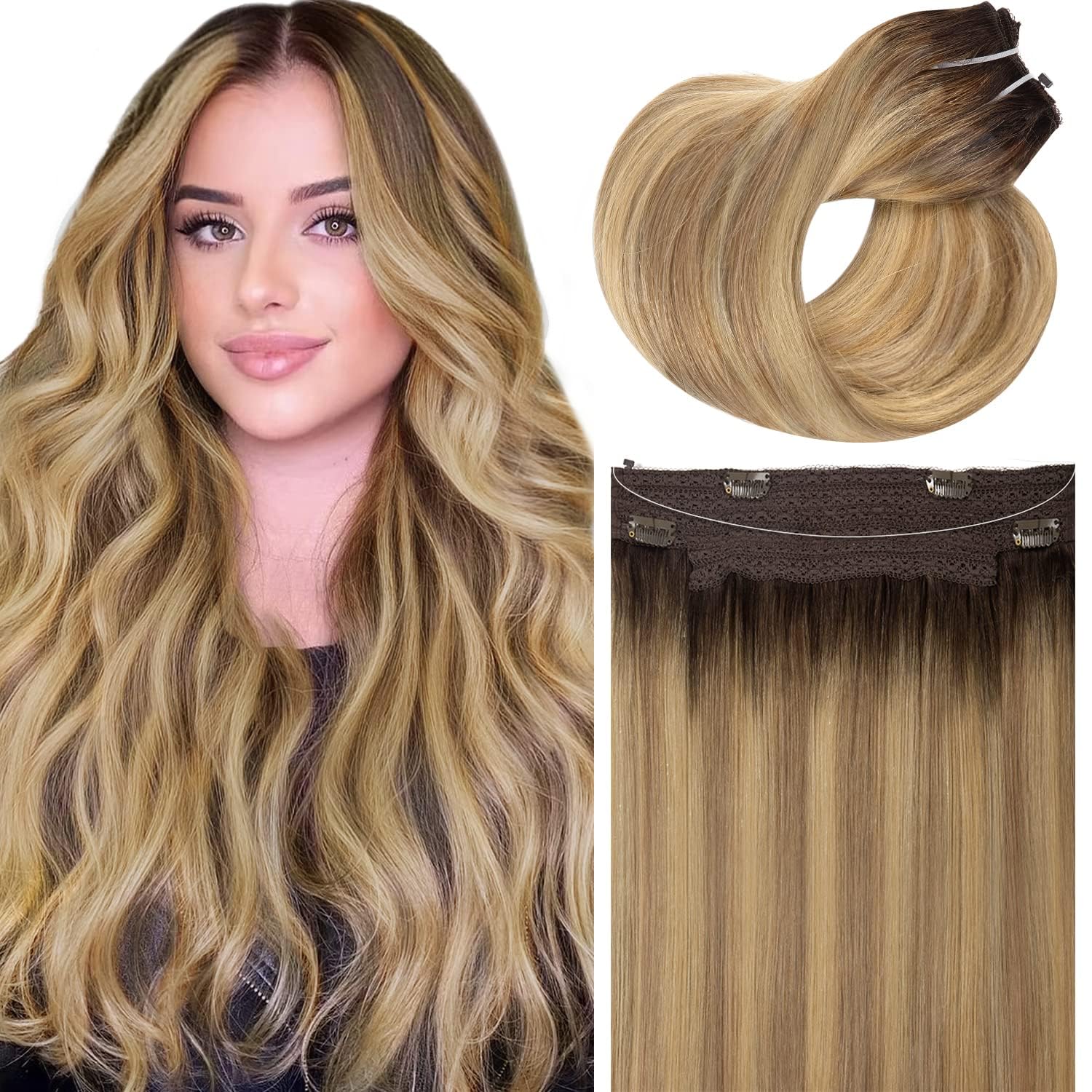 Loxxy Wire Hair Extensions Real Human Hair Silky Human Hair Extensions 18 Inch 95G Invisible Removable Fishing Line Clip in Extensions Human Hair Ombre Color Darkest Brown Fading to Chestnut Brown