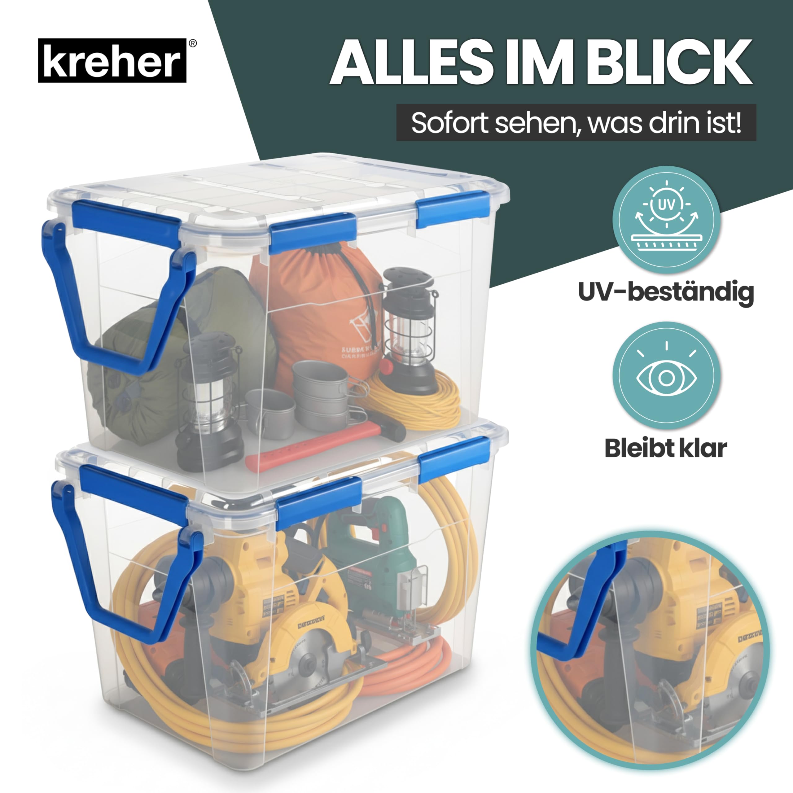 Kreher® Wasserdichte Aufbewahrungsbox Rollbox Transportbox (IP67) mit Deckel und Rollen. Aus robustem Kunststoff mit praktischen Transportgriff. 100 Liter Volumen. Staub- und Nässegschützt. (1)