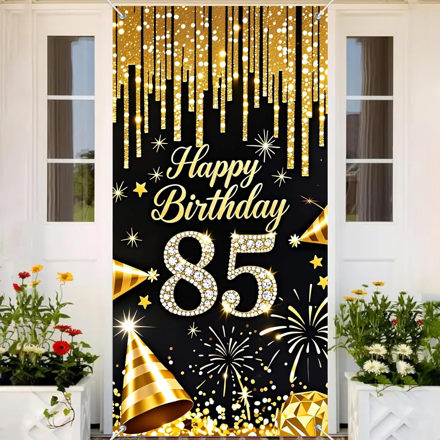 85th Birthday Door Cover 71x35 Inch Black and Gold Birthday Door Banner for Party Decorations Diamond Number Backdrop Sign for Women Men Adults Photo Booth Prop Wall Decor