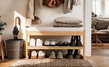 Zedelmaier Shoe Bench with Seat, Shoe Rack with Bench and Padding, Shoe Cabinet with Bench, Shoe Bench Made of Bamboo, Shoe Bench for Hallway, Entrance 76 x 46.5 x 32 cm