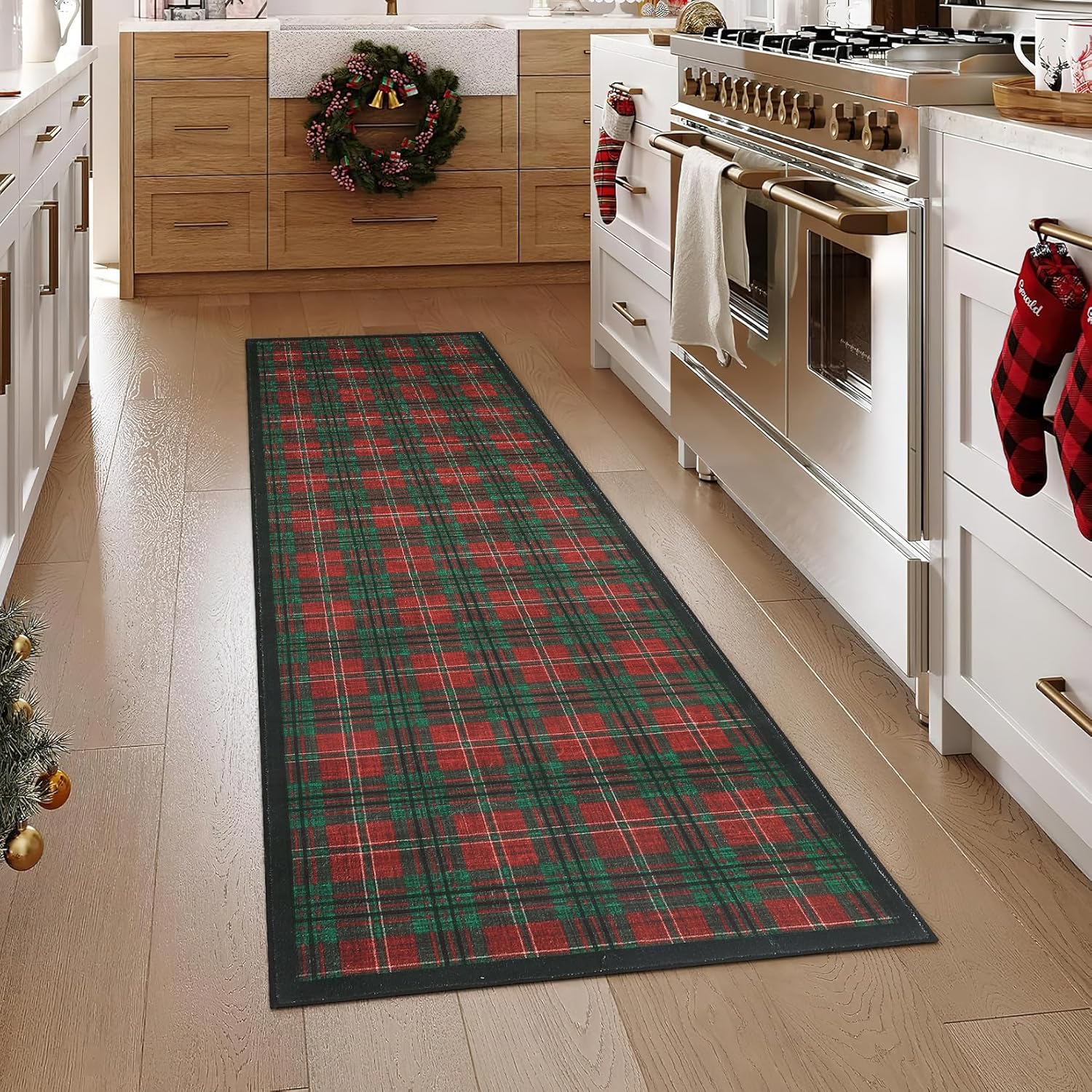 GarveeHome Christmas Runner Rug 2x8, Machine Washable Stain Resistant Low-Pile Checkered Rug with Non Slip Backing, Carpet for Hallways Kitchen Entryway Bedroom Living Room Red Green