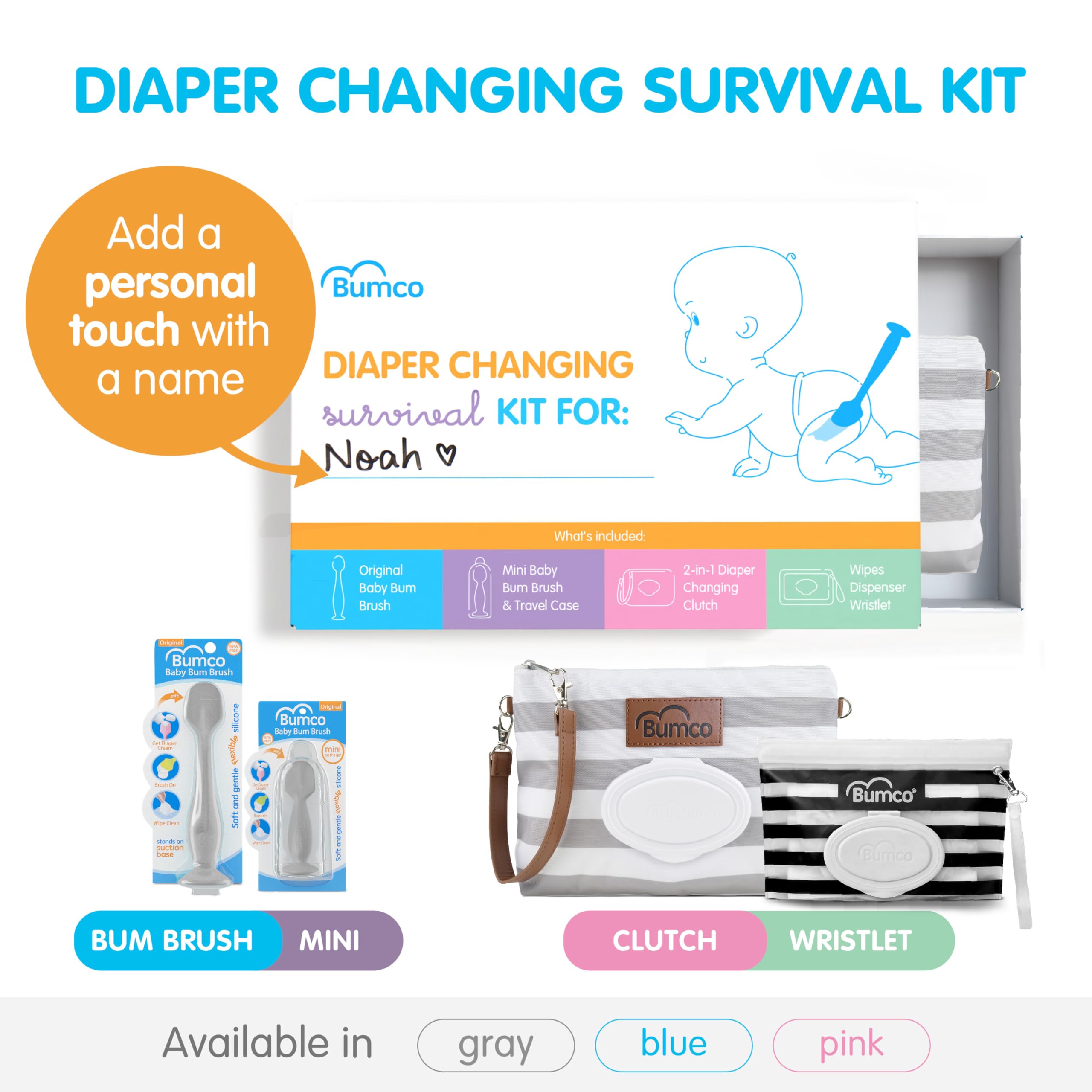 Bumco Cesta de regalo para bebé, juego de regalo personalizado para cambiar pañales para bebé, regalo de bebé neutro con 2 cepillos para bebé (original y mini) + bolsa de mano de pañales + muñequera