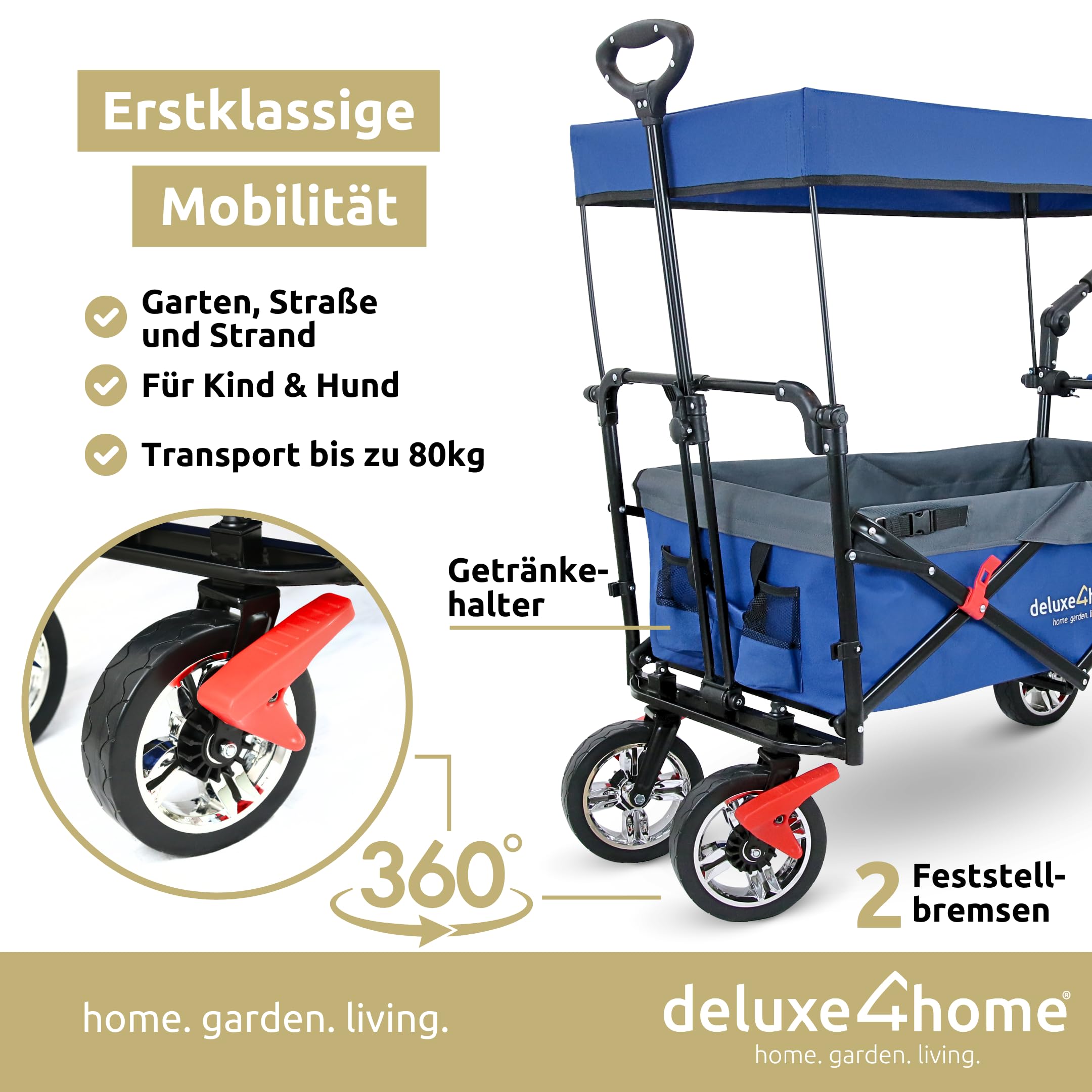 COSTWAY Opvouwbare bolderkar, tot 80 kg belastbaar, bolderkar met verstelbare handgreep en 2 bekerhouders, draagbaar, transportwagen voor camping en winkelen, ​tuinwagen strandwagen, zwart