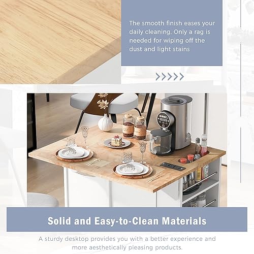 Miniatura 7 de Acosure Isla de cocina con toma de corriente, hojas caídas y madera de goma, almacenamiento abierto y estante para vino, carrito de almacenamiento