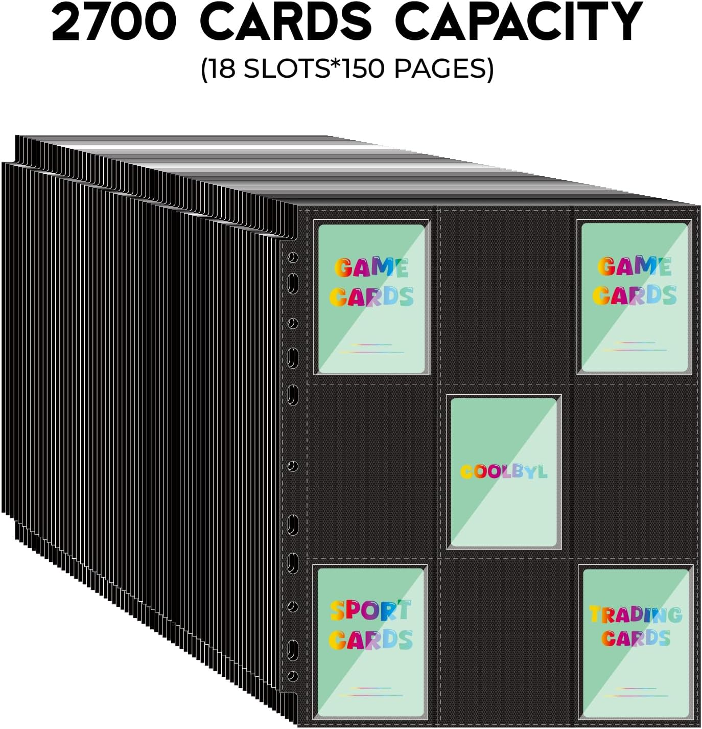 Black Card Sleeves Binder Sheets - 150 Pack Double-Sided 9 Pocket Binder Card Sleeves, Trading Card Pages with 2700 Pockets & Side-Loading Design, Fits Cards up to 66×91mm