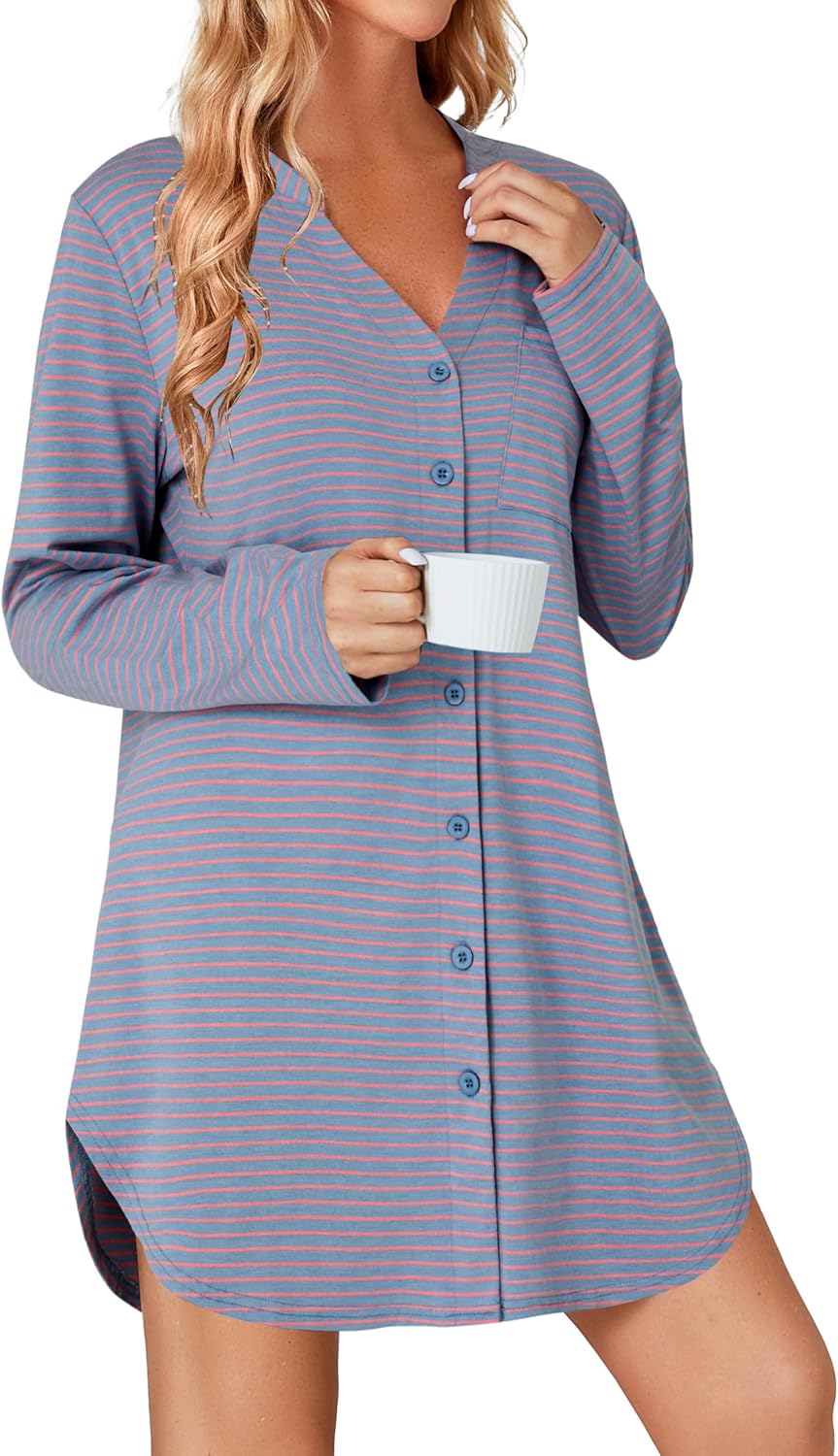 Vrtige Women's Striped Nightshirt Button Down Long Sleeve Nightdress Nightgown with Pocket