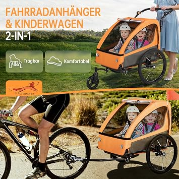 2-in-1 Children's Trailer with Suspension for 1-2 Children Foldable Bicycle Trailer 2 Children Stroller with Large Storage Space Jogger Function Reflectors