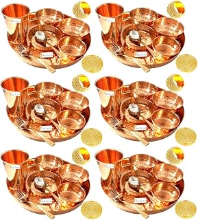 Prisha India Craft Set of 6 Traditional Indian Dinnerware Pure Copper Dinner Set of Thali Plate, Bowl, Spoon, Fork, Glass... Price In India
