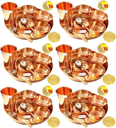 Prisha India Craft Set of 6 Traditional Indian Dinnerware Pure Copper Dinner Set of Thali Plate, Bowl, Spoon, Fork, Glass...