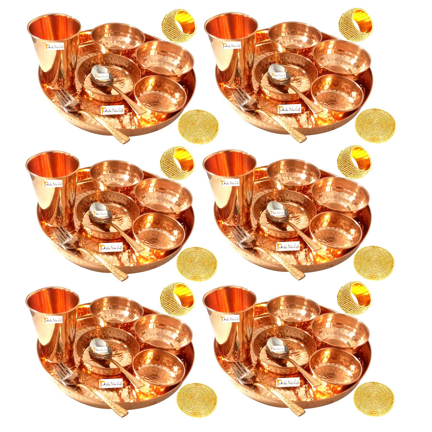 Prisha India Craft Set of 6 Traditional Indian Dinnerware Pure Copper Dinner Set of Thali Plate, Bowl, Spoon, Fork, Glass... - Review, Price and Buying Guide