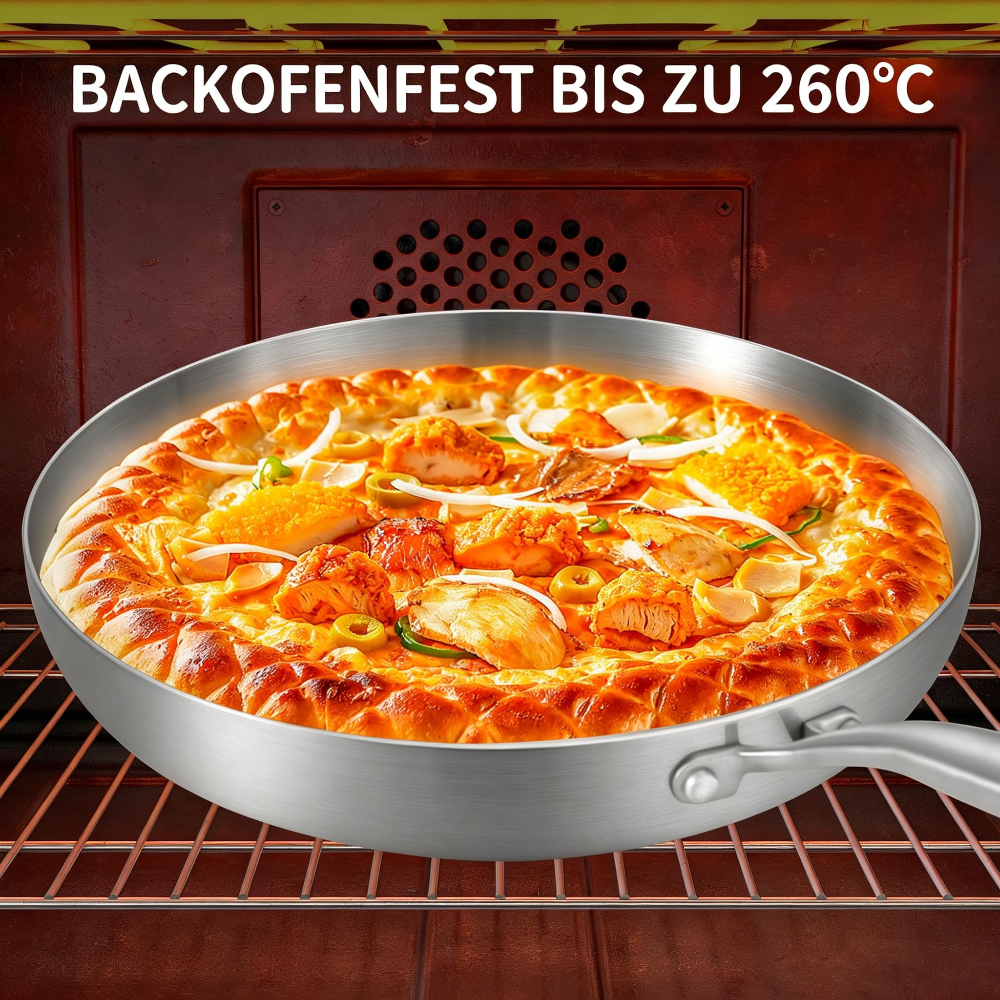 LOLYKITCH Bratpfanne 28 cm mit Glasdeckel, unbeschichtete Edelstahlpfanne | Tri-Ply Konstruktion, schnelle und gleichmäßige Wärmeverteilung, für alle Herdarten geeignet, ofenfest