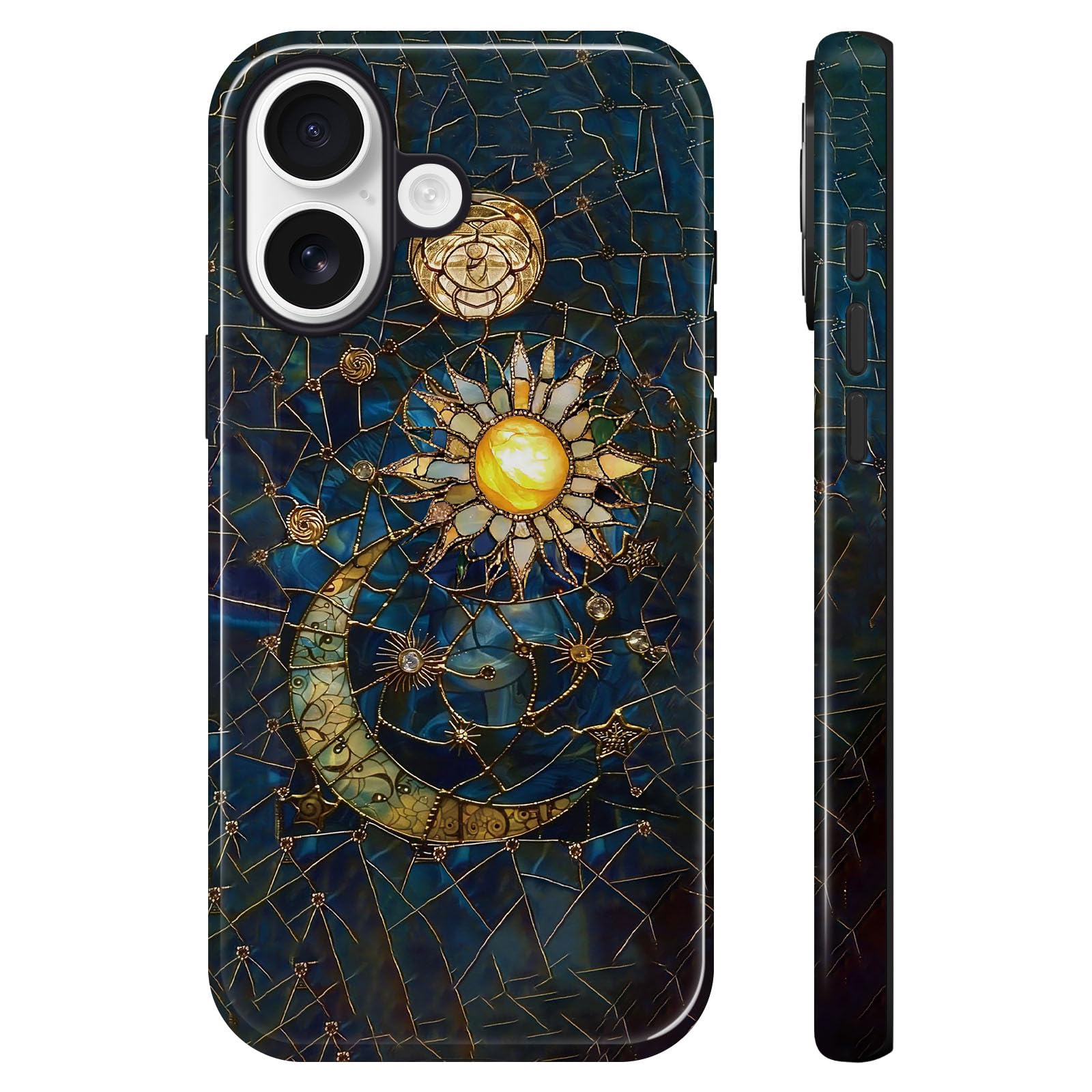 Lumen - Custodia per iPhone 17, compatibile con Magsafe, cover rigida con protezione per fotocamera, per donne, ragazze, adolescenti, con vetro colorato con sole e luna, oro blu navy, drammatica