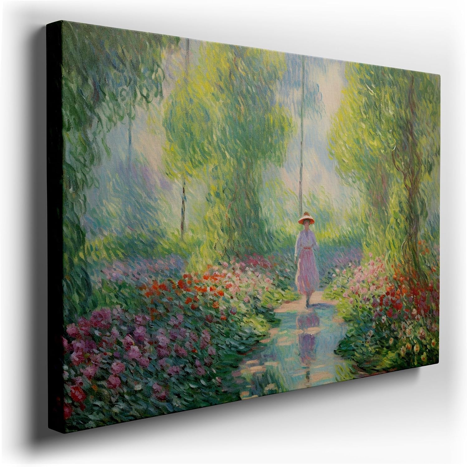 Canvas for Living room. Strolling in Serenity: A Woman's Tranquil Journey through a Blossoming Impressionist Landscape, 27 x 18 inch Canvas Wall Art - Ready to Hang