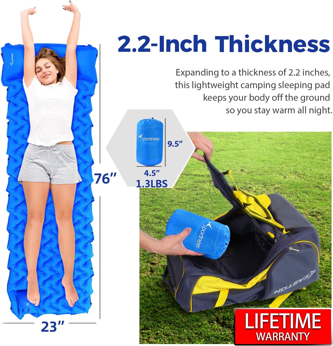 Sportneer Inflatable Sleeping Pad Built-in Pump, Camp Mat Pads Lightweight Compact Tent Air Mattress with Pillow for Camping, Backpacking, Hiking