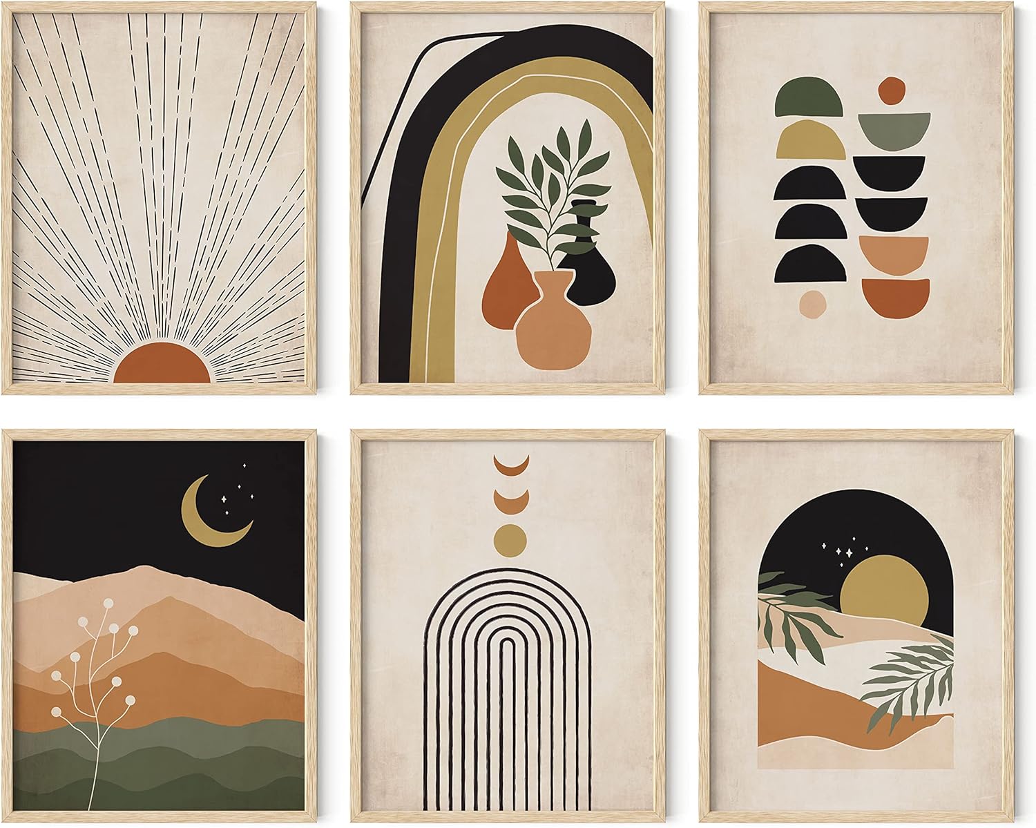 HAUS AND HUES Boho Prints Neutral Wall Art - Set of 6 Boho Mid Century Modern Wall Art, Aesthetic Prints for Wall Decor and Mid-Century Modern Artwork (Beige Frame, 11x14)