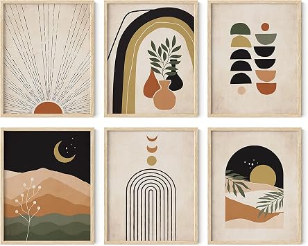 HAUS AND HUES Boho Prints Neutral Wall Art - Set of 6 Boho Mid Century Modern Wall Art, Aesthetic Prints for Wall Decor and Mid-Century Modern Artwork Beige Frame, 11x14