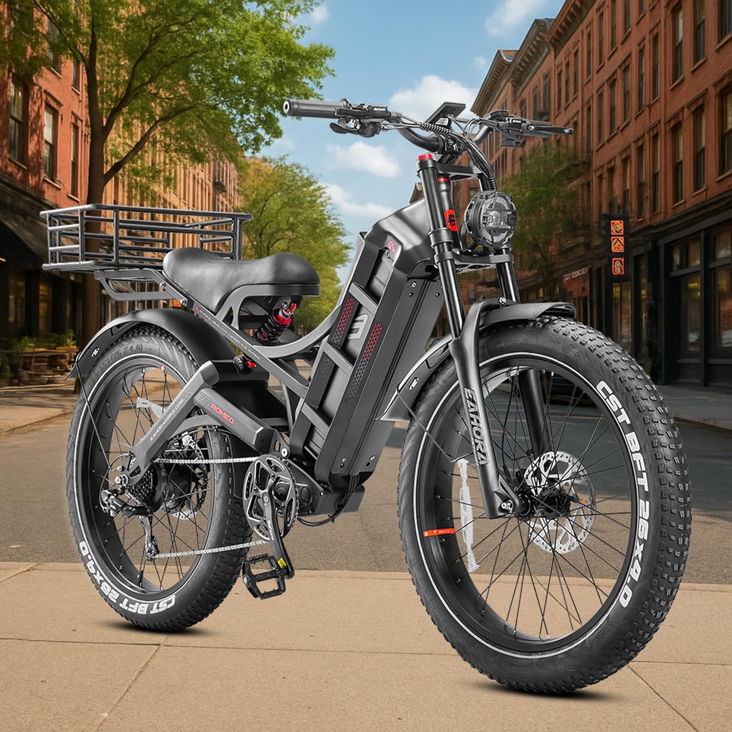 eAhora 2025 Romeo Pro Electric Bike for Adults 1600W Motor Electric Bicycle 29-34MPH 48V 60Ah 100-200Miles Long Range 26 * 4.0 Fat Tire Full Suspension Electric Mountain Bike with Rack+Basket Black