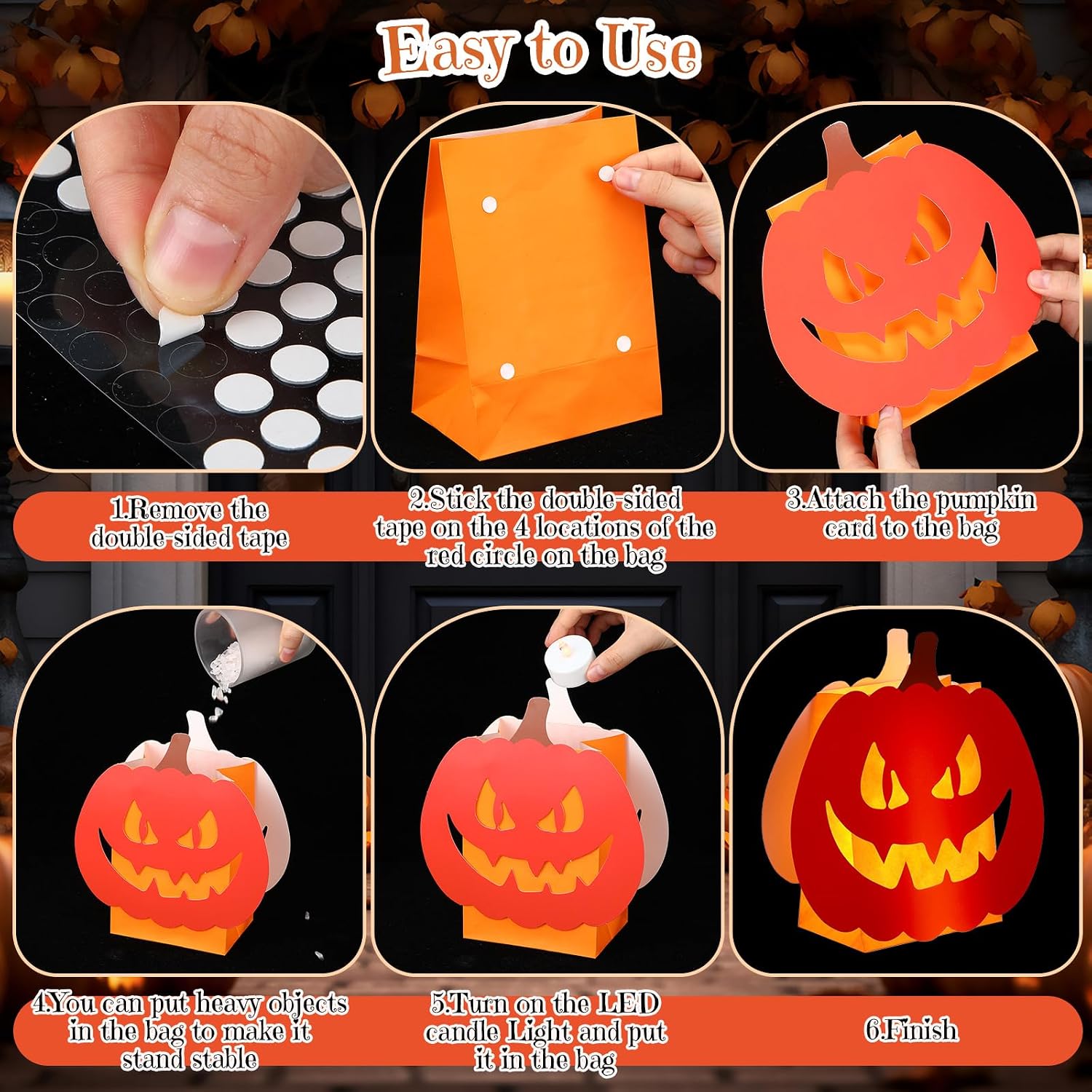 Watersay 24 Pcs Halloween Luminary Bags with 24 Pcs LED Tea Lights Pumpkin Lantern Luminary Paper Bags with 48 Pcs Pumpkin Cards with 8 Different Pumpkin Faces Halloween Decoration Candle Holder Bag
