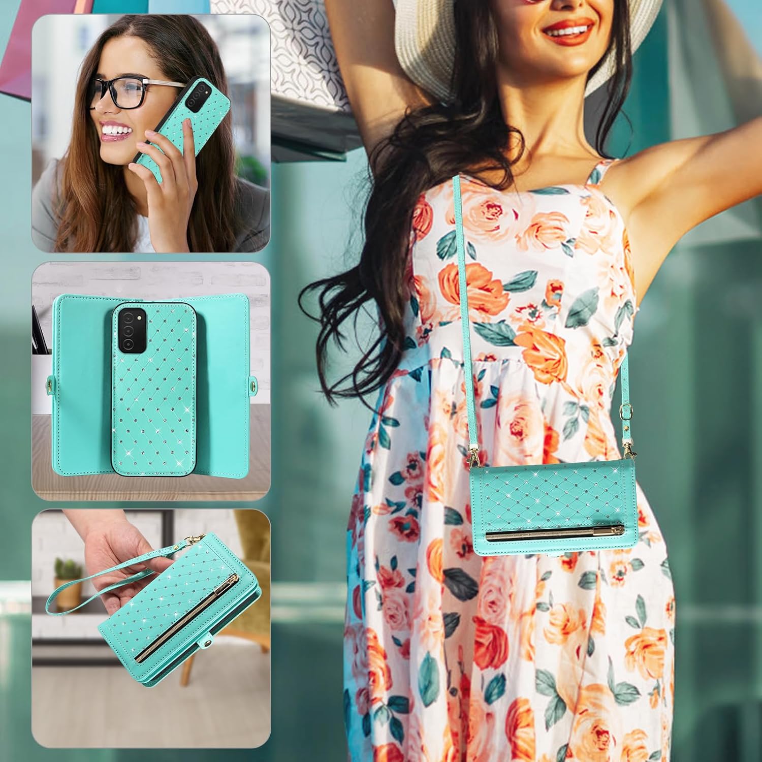 Phone Case for Samsung Galaxy A03s US Version 5G 2022 Zipper Wallet Detachable Cell Cover with Screen Protector Crossbody Strap Bling Flip Credit Card Holder Ao3s A 03s SM-A037U SM A037U Women Teal