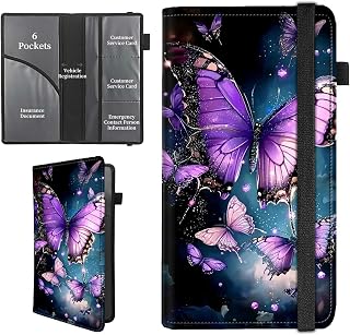 Car Insurance and Registration Holder,PU Leather Vehicle Glove Box Wallet Case Essential Documents Organizer for Driver's License Cards,Butterfly With Glittering Wings