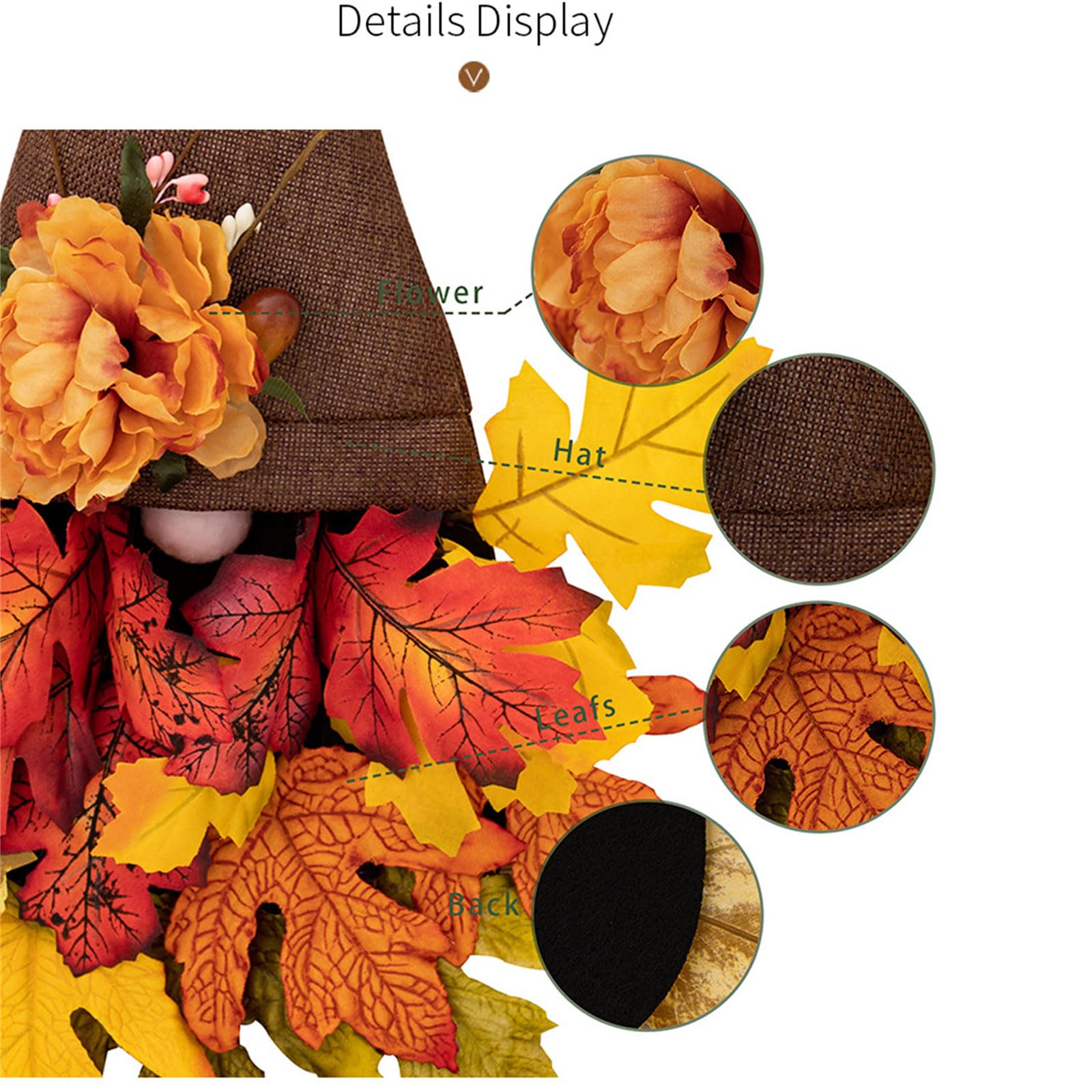 Couronne Automne Avec Nain - Feuilles D'érable Artificielles - Décoration Porte Ou Mur - 60x30 Cm