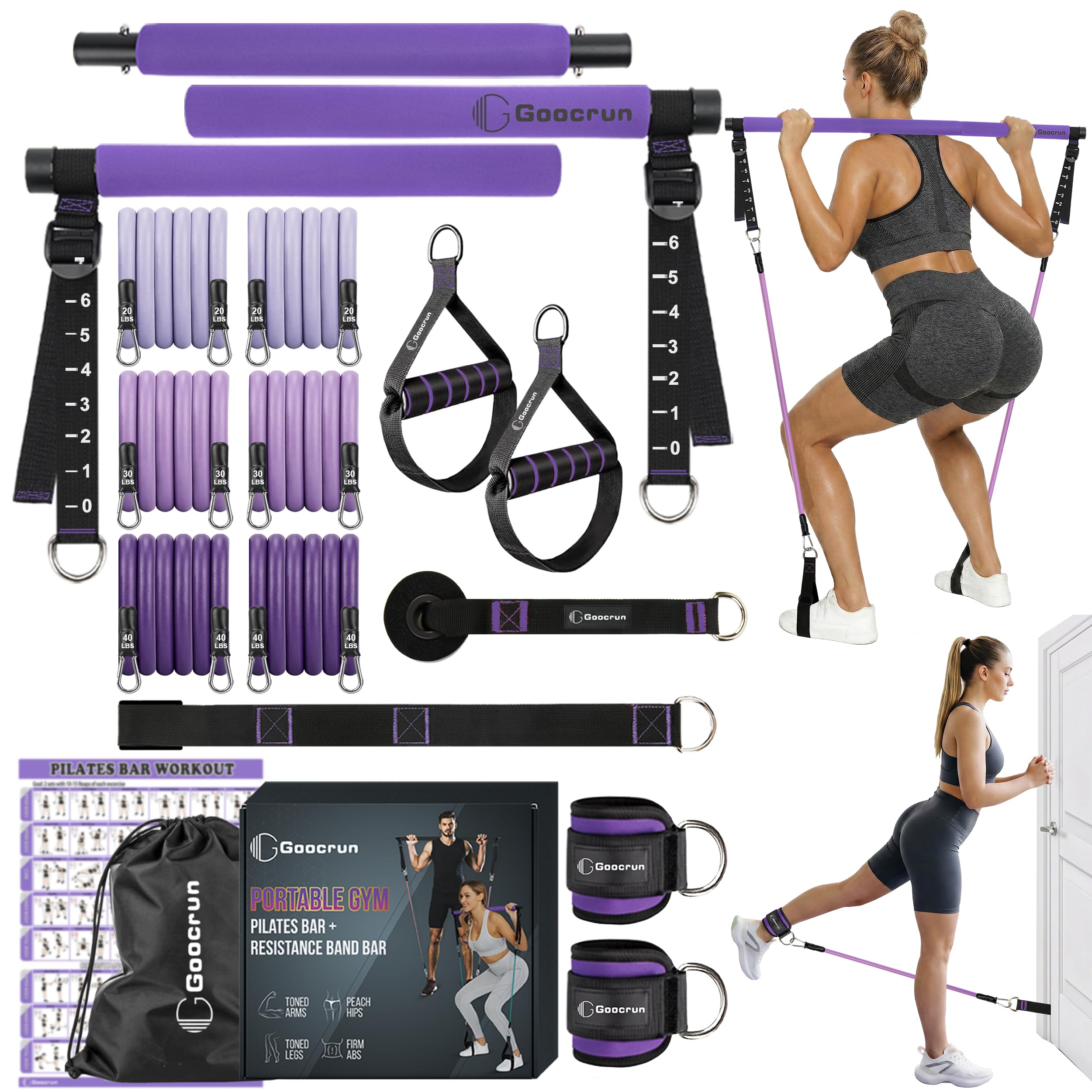 Ensemble de Barres de Pilates et Bandes de Résistance avec Poignées, Salle de Sport Portable à Domicile
