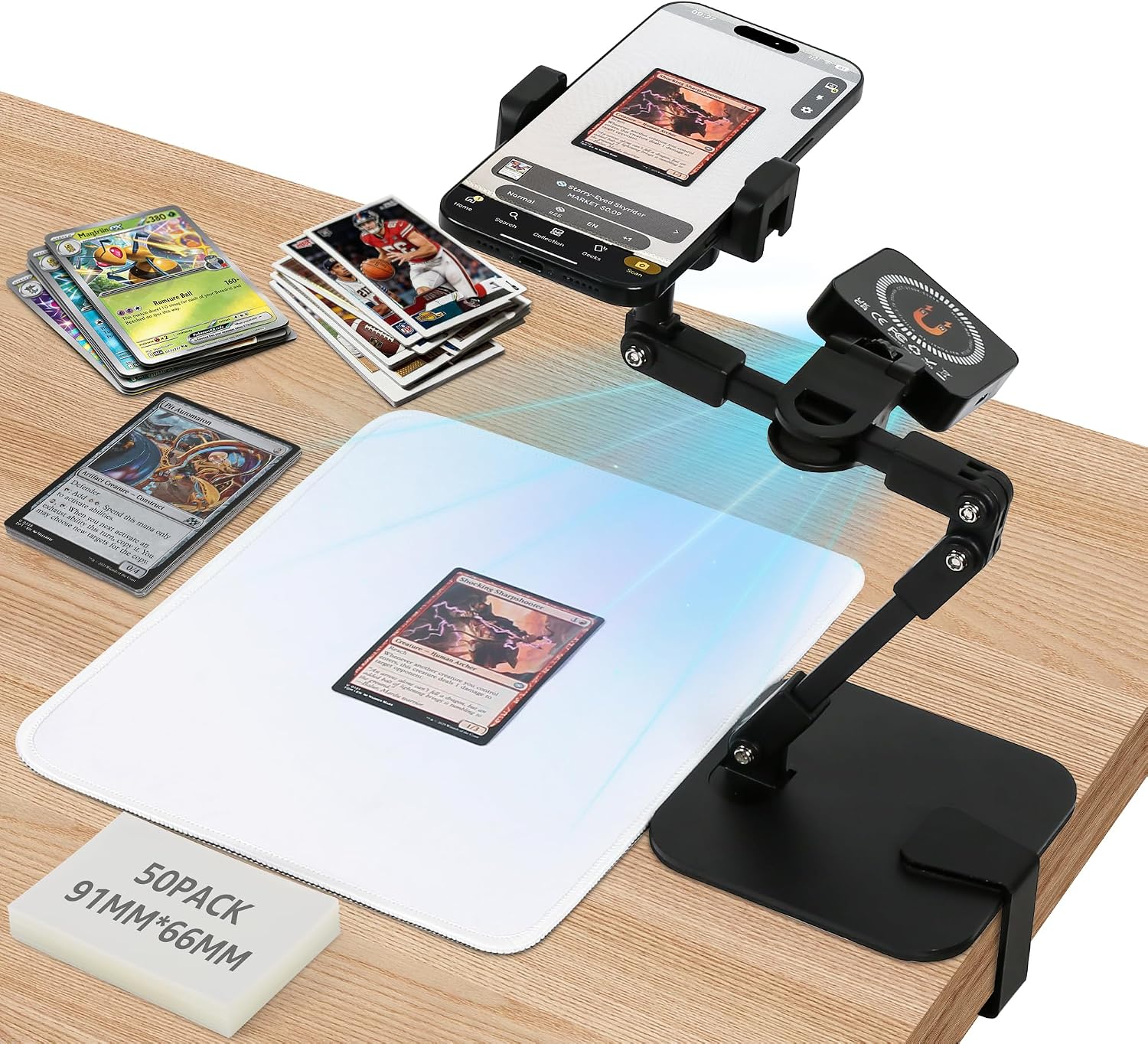 Card Scanner for Trading Cards – MTG, TCG & Sports Cards, Phone Scanner Stand with LED Light, Foldable Phone Holder for Scanning Cards with ManaBox, Thickened Base with C-Clip for Stable Scanning