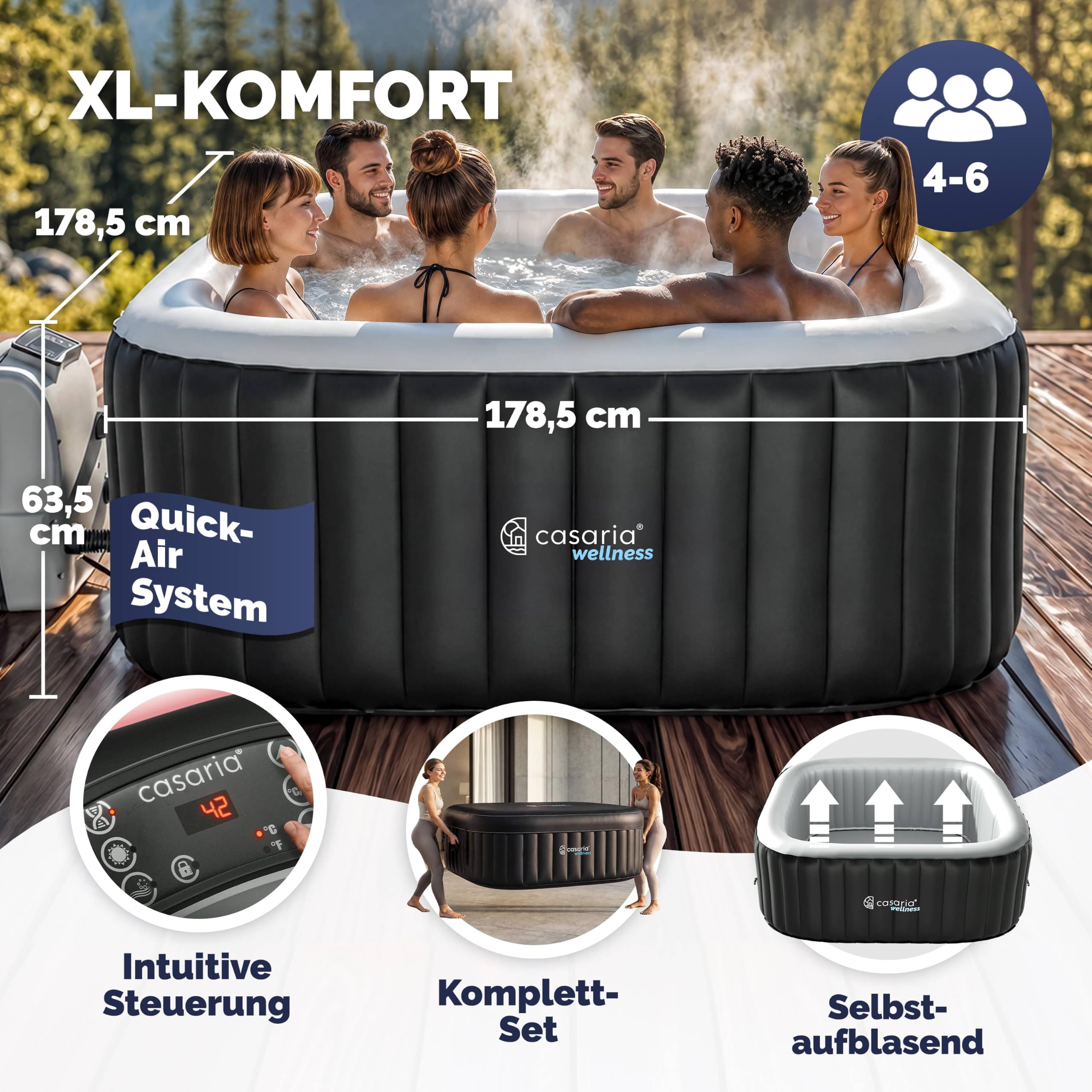 Casaria Aufblasbarer Whirlpool 178x178cm 6 Personen 140 Düsen bis 42°C Winterfest mit Frostschutz 3-lagiges PVC Spa Pool Abdeckung Filter & Zubehör Für In & Outdoor eckig