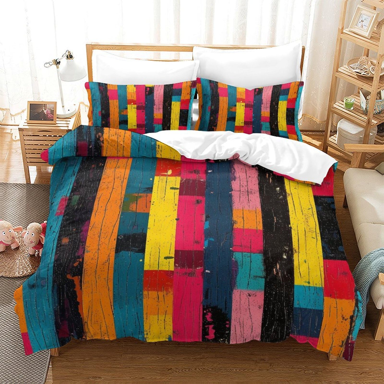 P1S9U7W5Y 3D Printed Rainbow Stripe Duvet Cover Set 3pcs Microfiber Colourful Striped Bedding Set King（220x240cm）