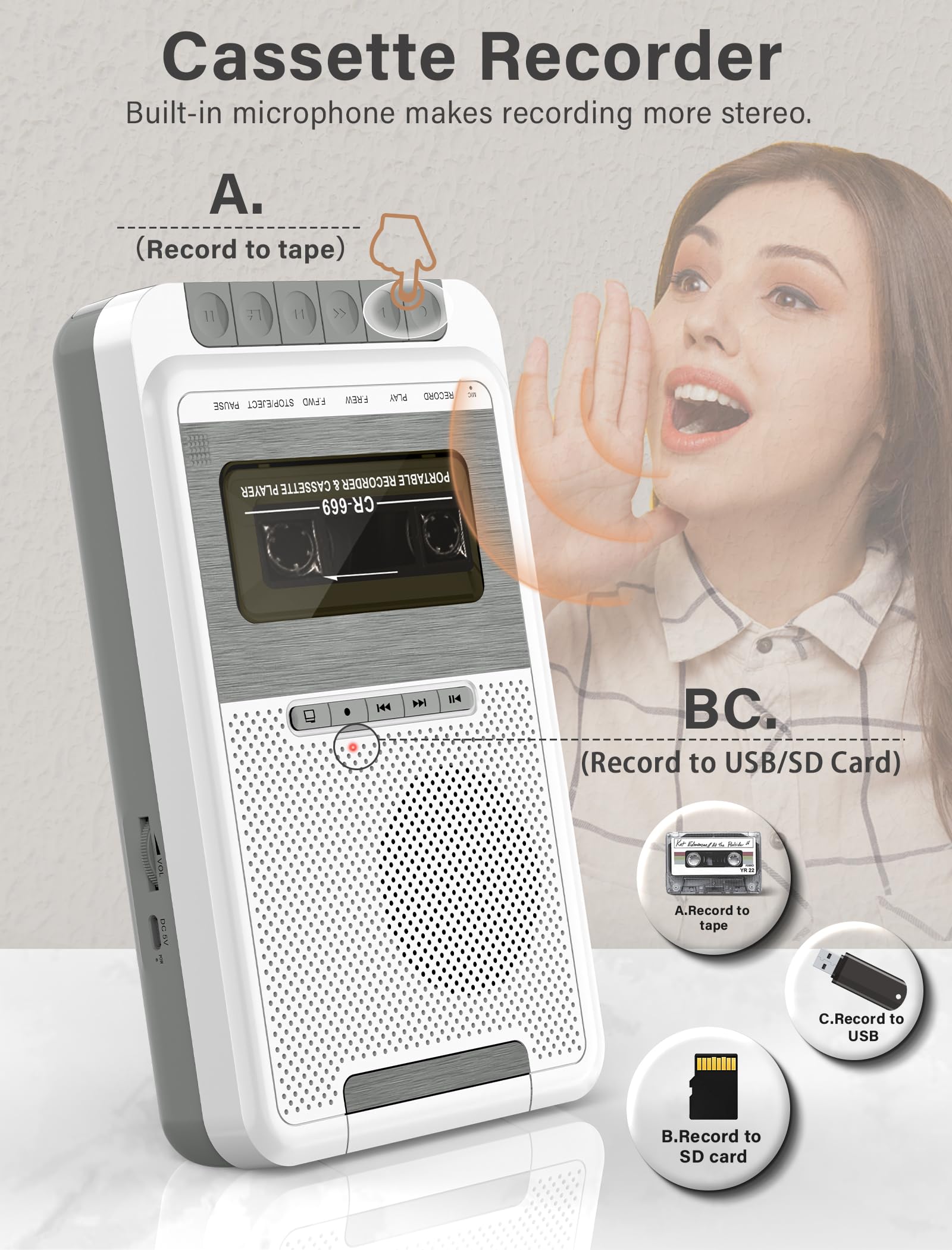 Lettore di cassette portatile, registratore convertitore, registrazione su cassette/USB/scheda SD tramite microfono, da cassette a musica MP3 tramite U Disk/scheda SD o PC (bianco)