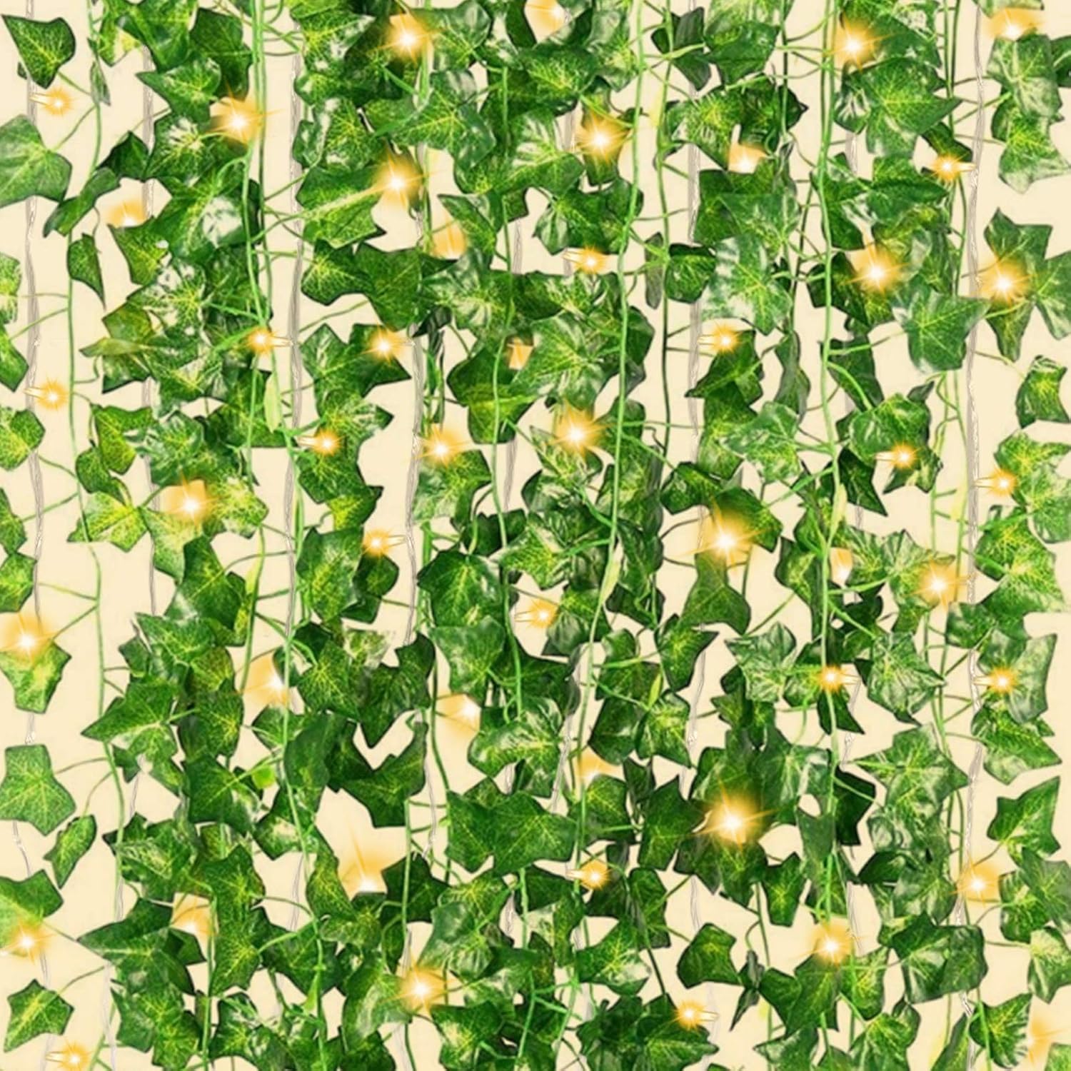 CQURE 12 Pack 84Ft Artificial Ivy Garland,Fake Ivy Garland Vines Green Leaves Hanging Vine Fake Plants with 200 LED 65 ft Outdoor String Lights for Wedding Party Garden Wall Decoration…