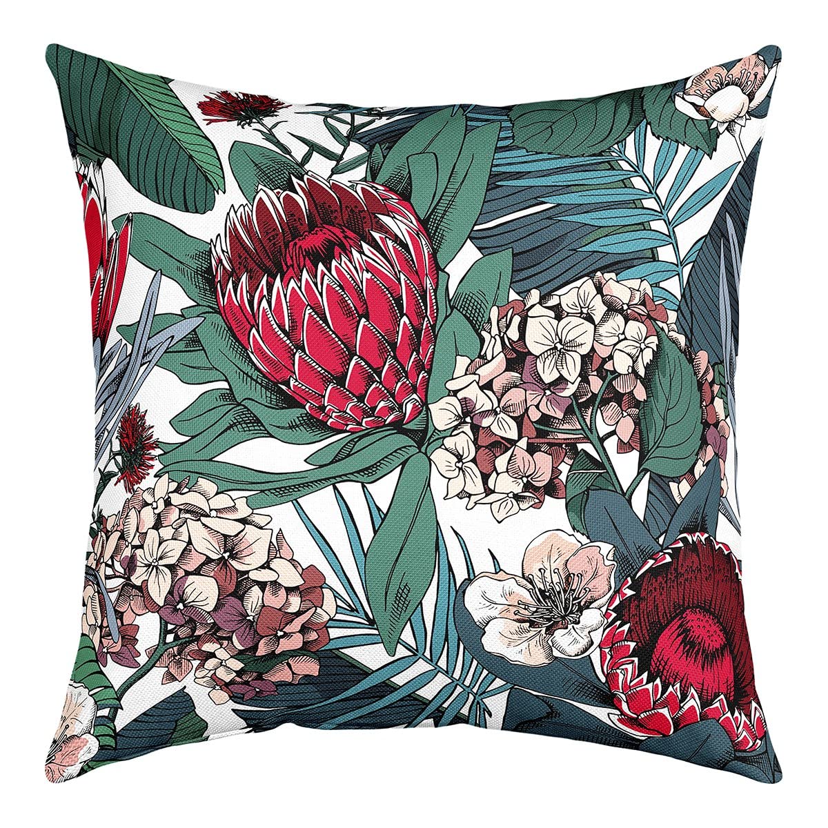 Richhome Multi 2 Retro Protea Pillow Cover Tropical Africa Flower Palm Leaves Decorative Pillow Cover Double Sides Print Watercolor Vintage Floral Plants Throw Pillow Cover For Couch Decor,Single Pack,20"X20"