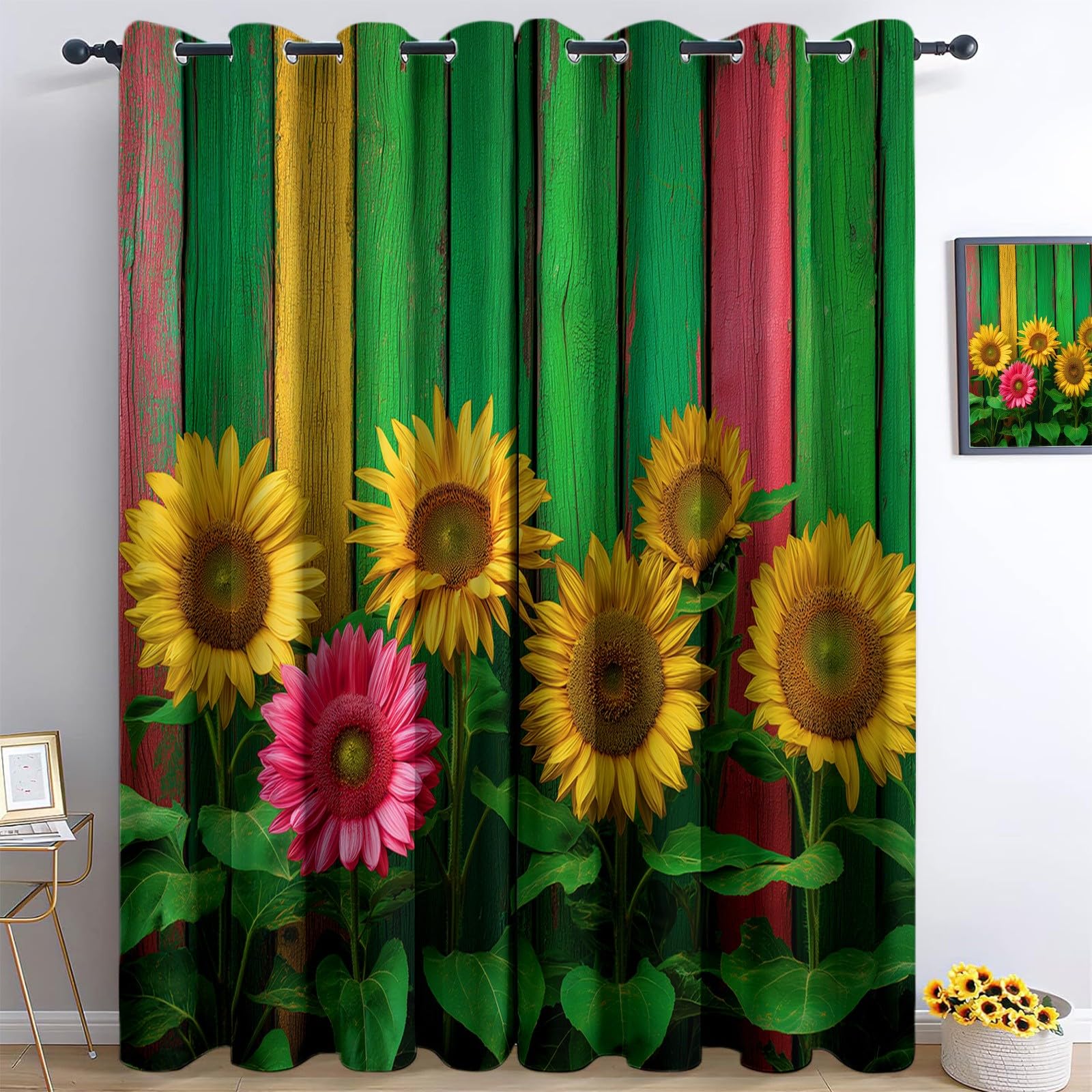 Generisch Ländliche Umgebung Holzplanken Sonnenblumen Vorhänge mit Ösen Blickdichte Gardinen Thermo Vorhang Dekor für Schlafzimmer Wohnzimmer Oberzimmer Verdunklungsvorhänge 2er Set, H215 x B110 cm