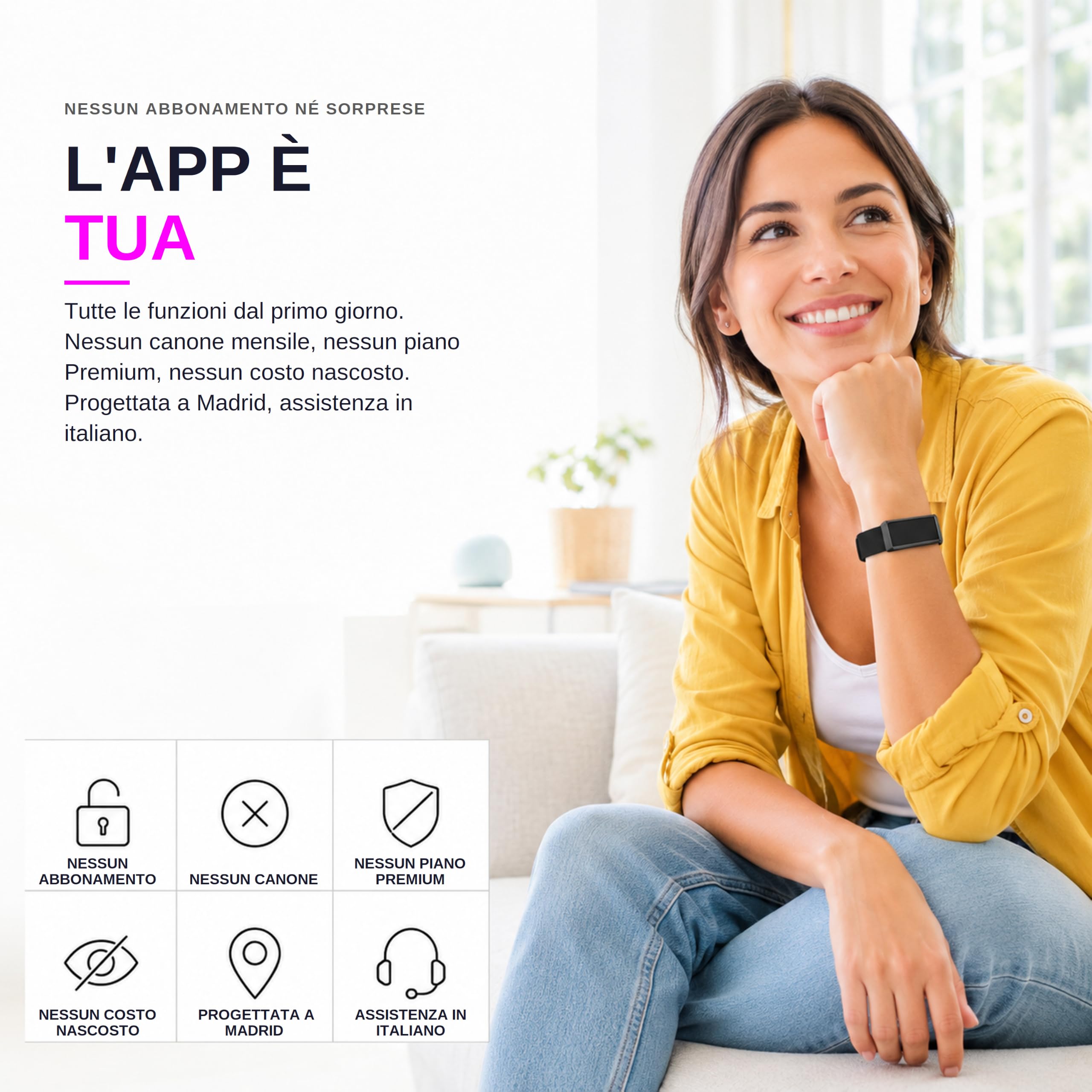 Sense Smart Band senza Display Uomo Donna, Progettata in Spagna, Coach IA, Monitor Sonno Energia Recupero, Frequenza Cardiaca 24/7 HRV SpO₂, IP68, +45 Giorni, Senza Abbonamento, Nero
