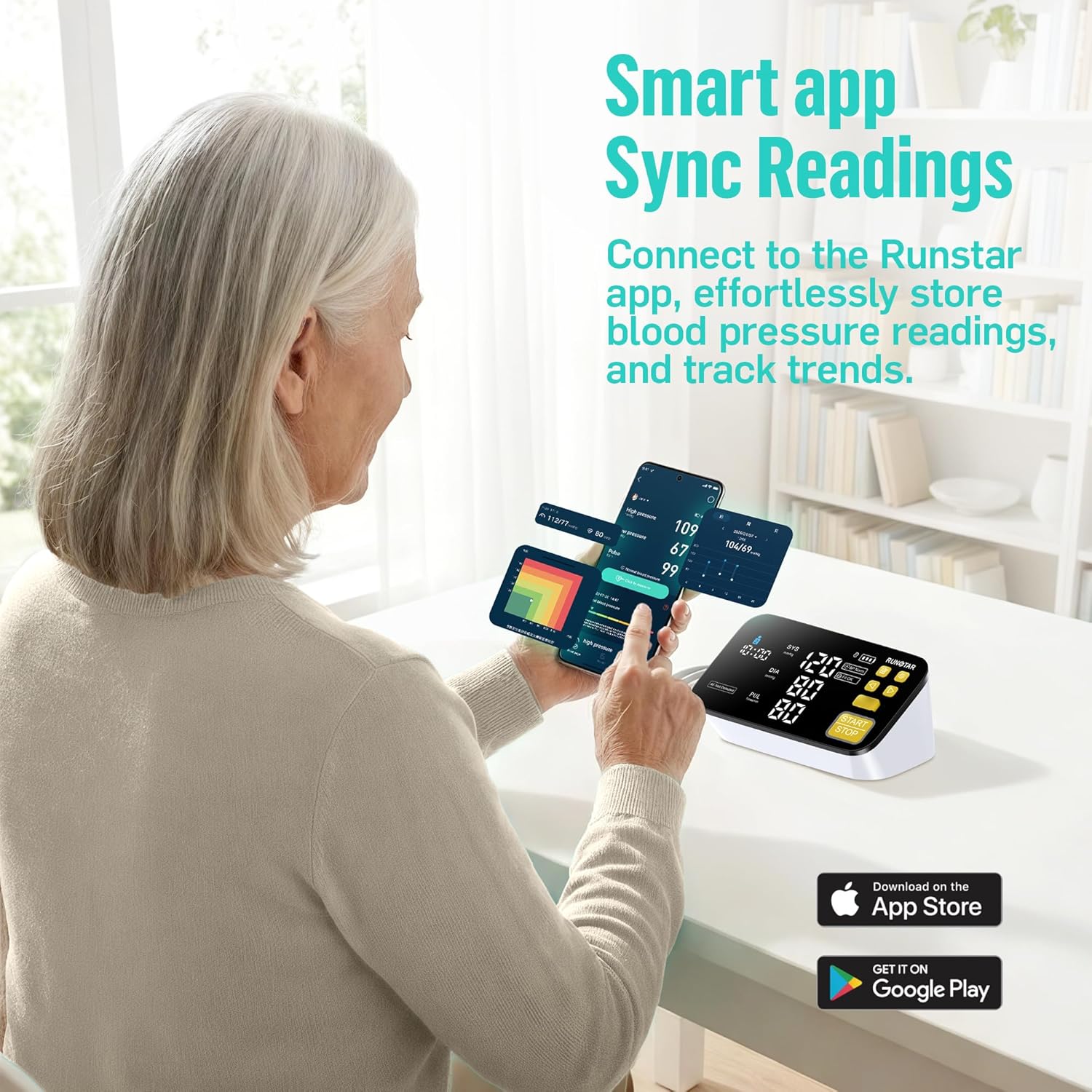 RunStar Smart Blood Pressure Monitor for Home Use, with Wide Upper Arm Blood Pressure Cuff (8.6'' -17.3''), FSA&HSA Eligible, 6.5'' Clear LED Display, AFib Detection, Connect App for iOS & Android