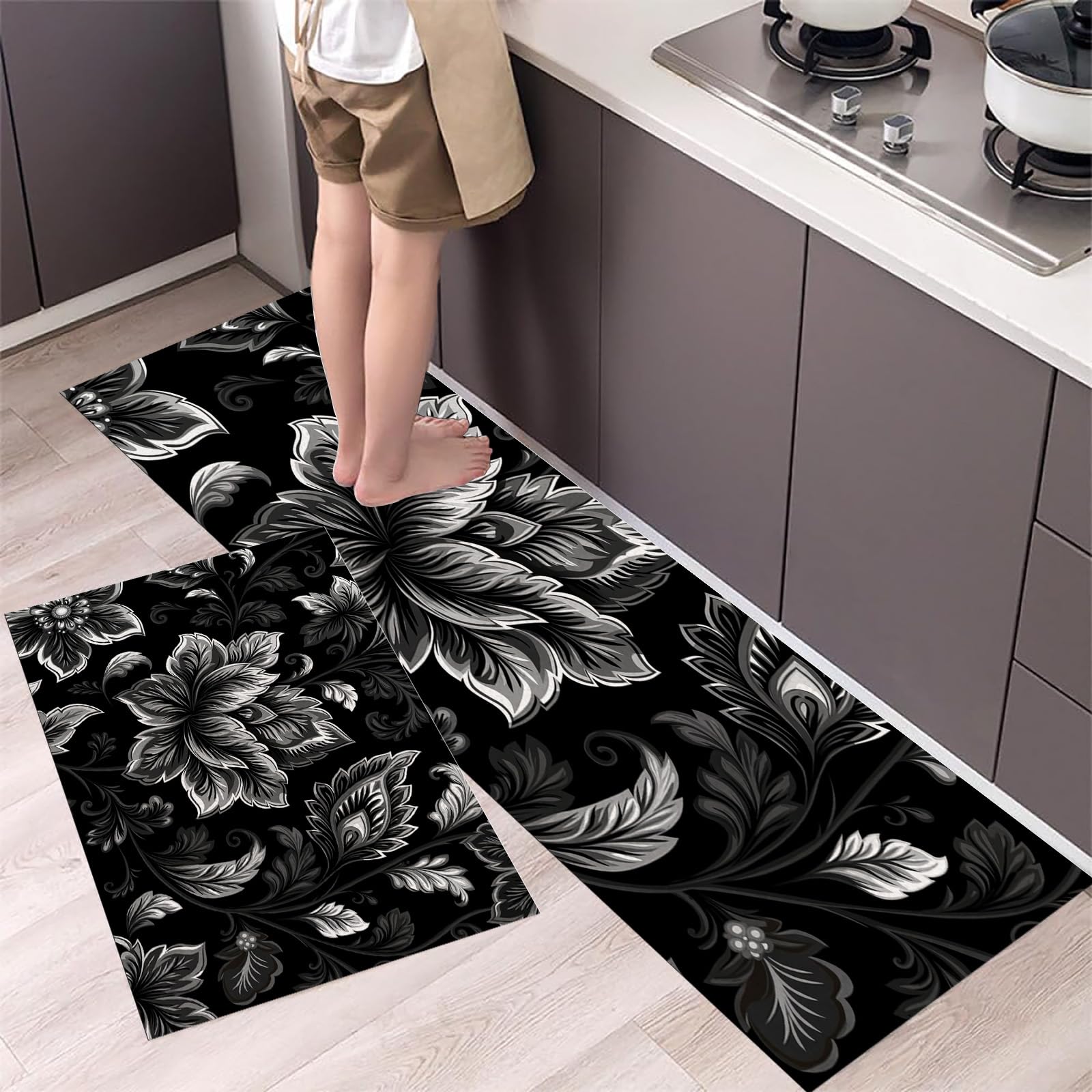 Tapis de cuisine antidérapants noir 44x120 cm tapis de sol floral
