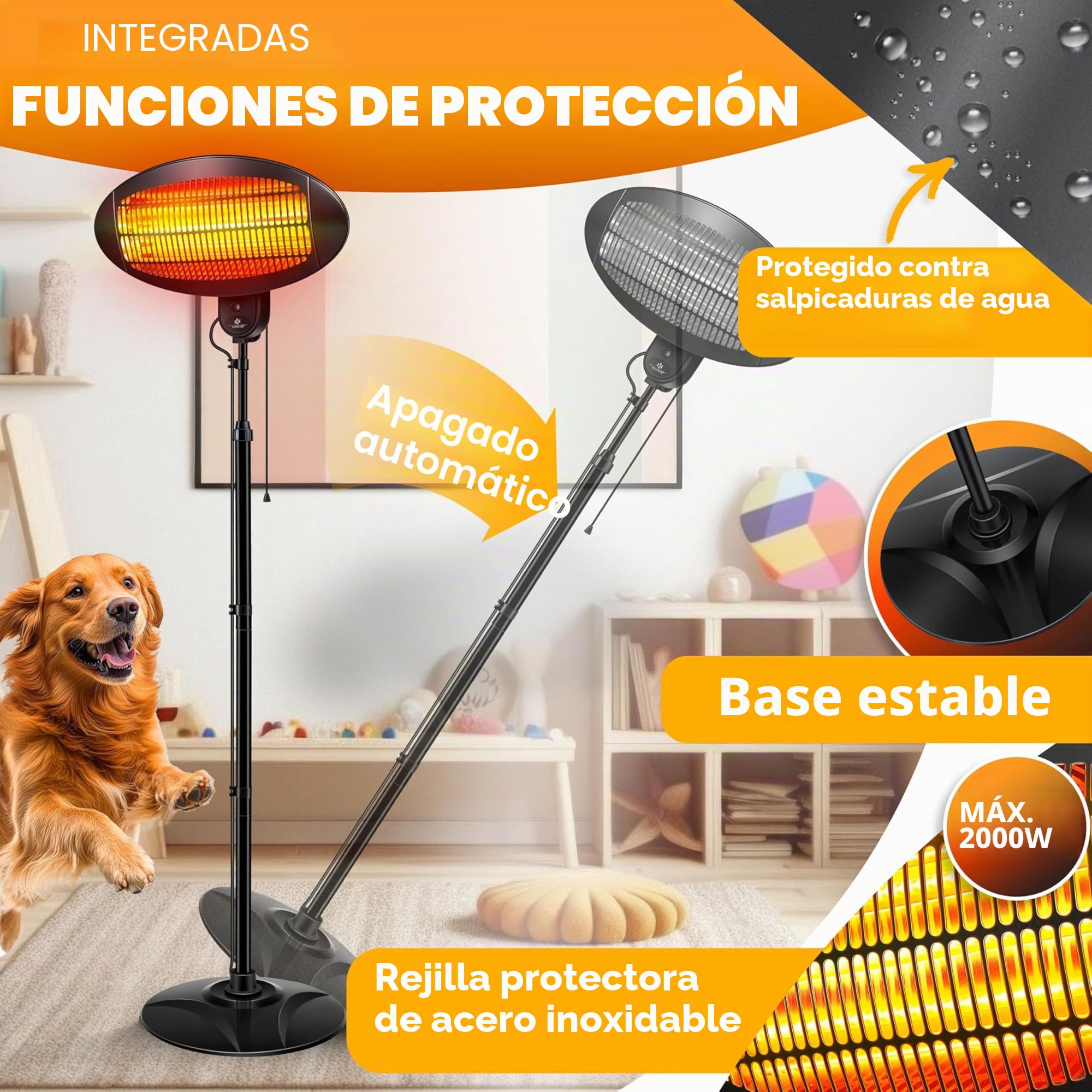 KESSER® Calefactor radiante 2000 vatios ✓ Infrarrojos ✓ de pie ✓ de patio ✓ Terraza ✓ Calefactor radiante ✓ Regulable en altura ✓