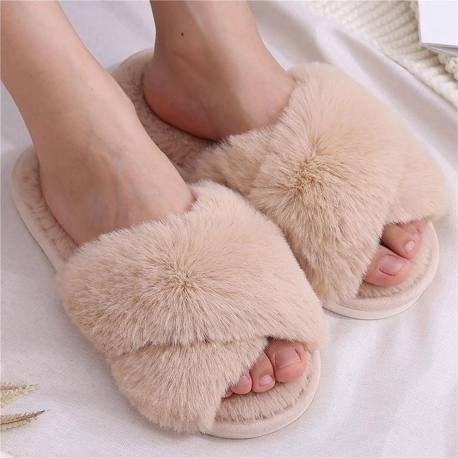 Pantofole Morbide Incrociate Soffici Pantofole da casa for Donna Scarpe Invernali in Cotone Peloso con Punta Aperta for Interni Pantofole morbide e accoglienti pelose Casual