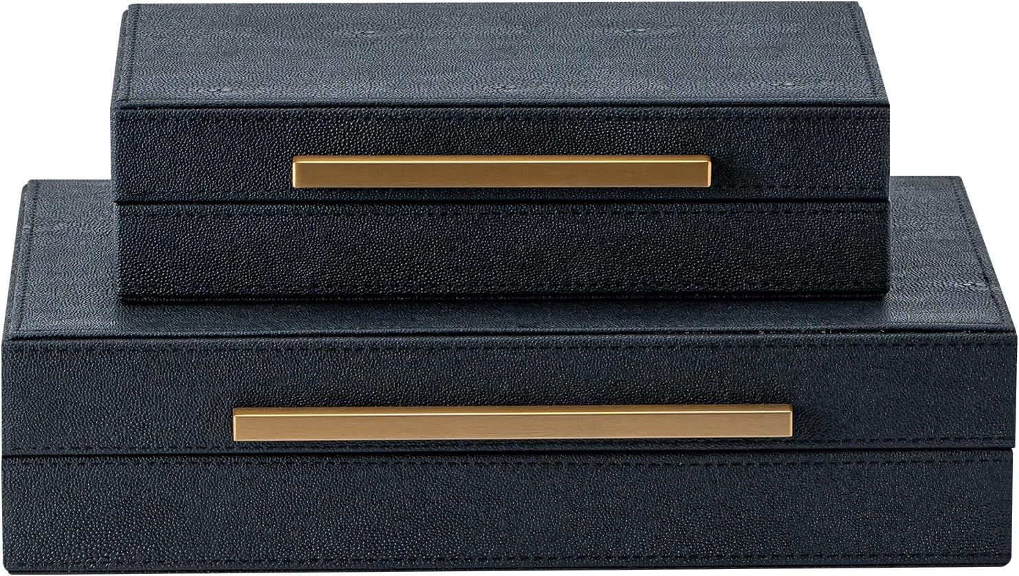 Set of 2 Black Shagreen Storage Boxes with Gold Metal Handles – Faux Leather Jewelry Organizer, Nesting Decorative Box for Photos, Memory Keepsake, Home & Office Decor