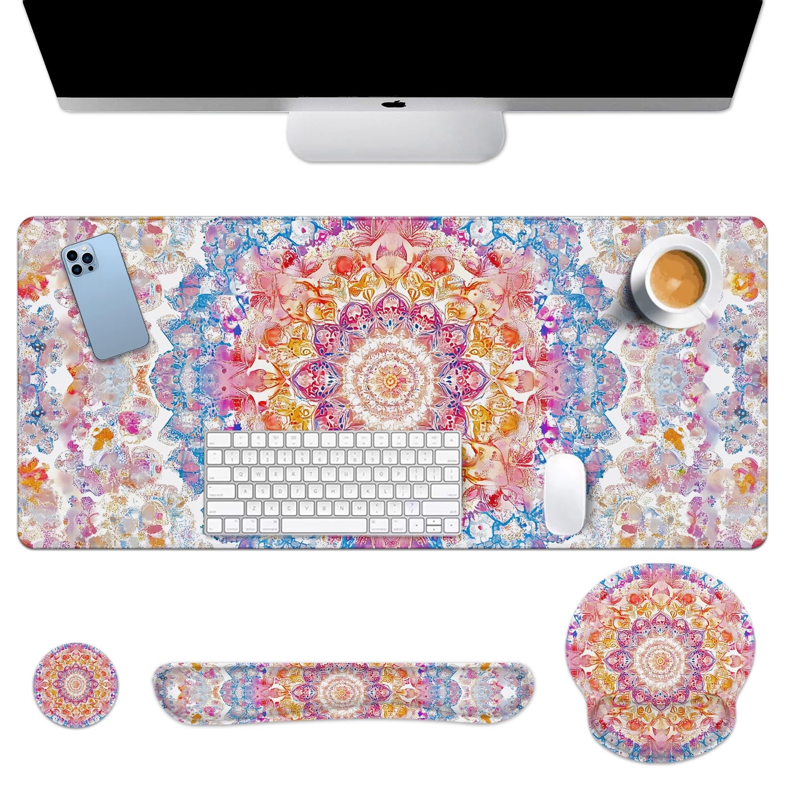 Arttown Boho Flower Floral Desk Mat Ornate Colorful Mouse Pad Set 4 in 1 Vintage Ergonomic Design Large Desk Pad + Keyboard Wrist Rest + Mouse Wrist