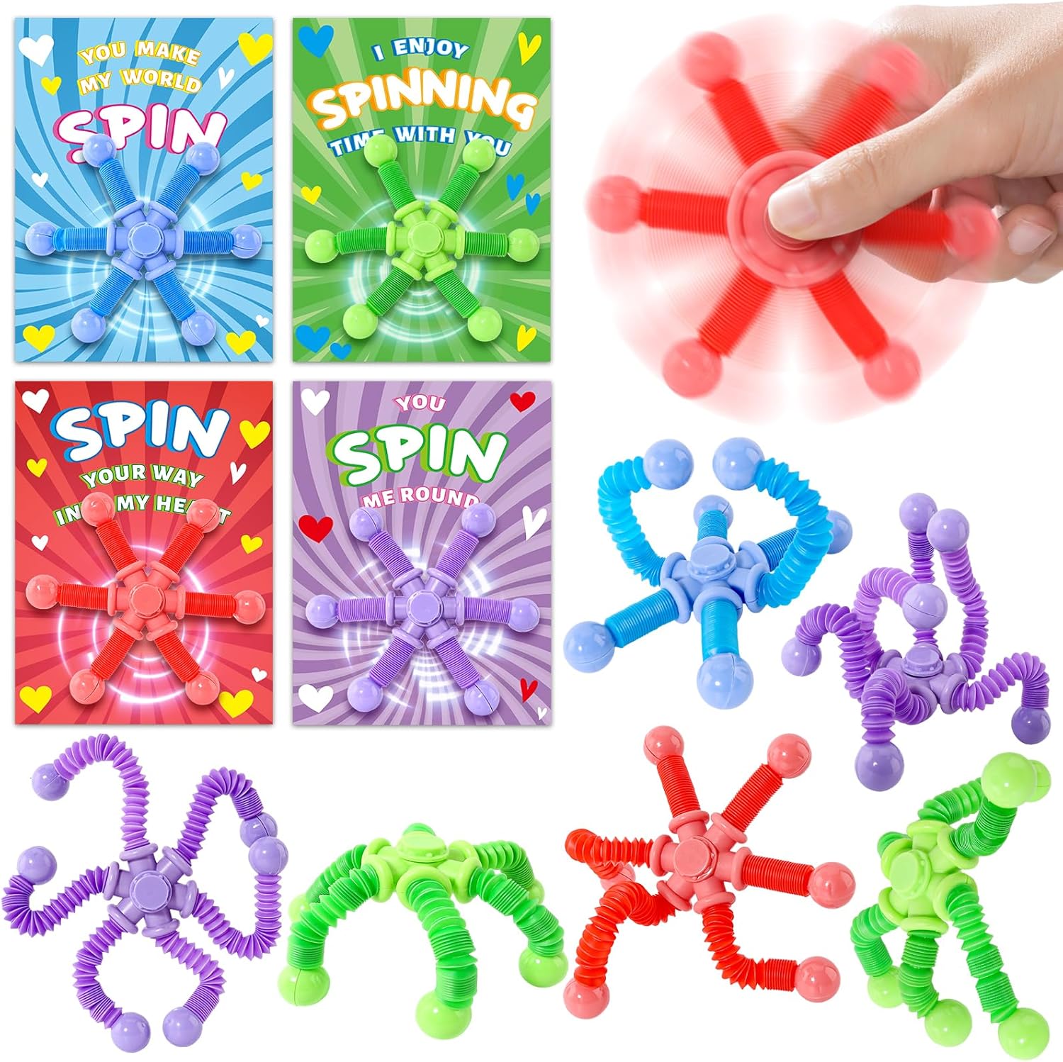 ShyLizard 24 Pack Valentine's Day Cards for Kids with Pop Tubes Fidget Spinner, Valentines Day Gifts for Kids, Telescopic Fidget Toy Classroom Exchange Party Favor Game Prizes
